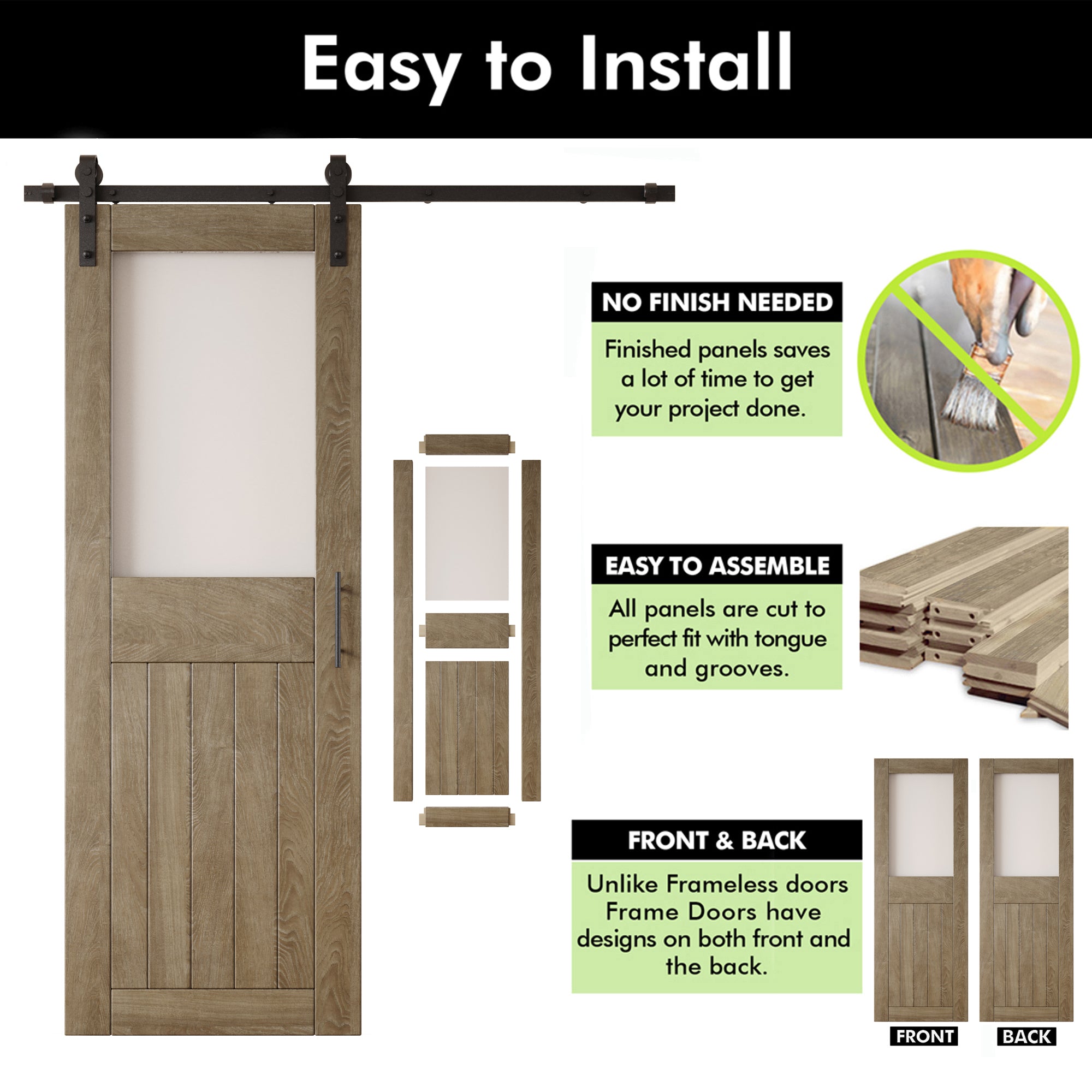 84" Height Classic Gray Half Lite Frosted Glass Unassembled & Finished Pine Wood Barn Door with Non-Bypass Installation Hardware Kit (Interior Use Only)