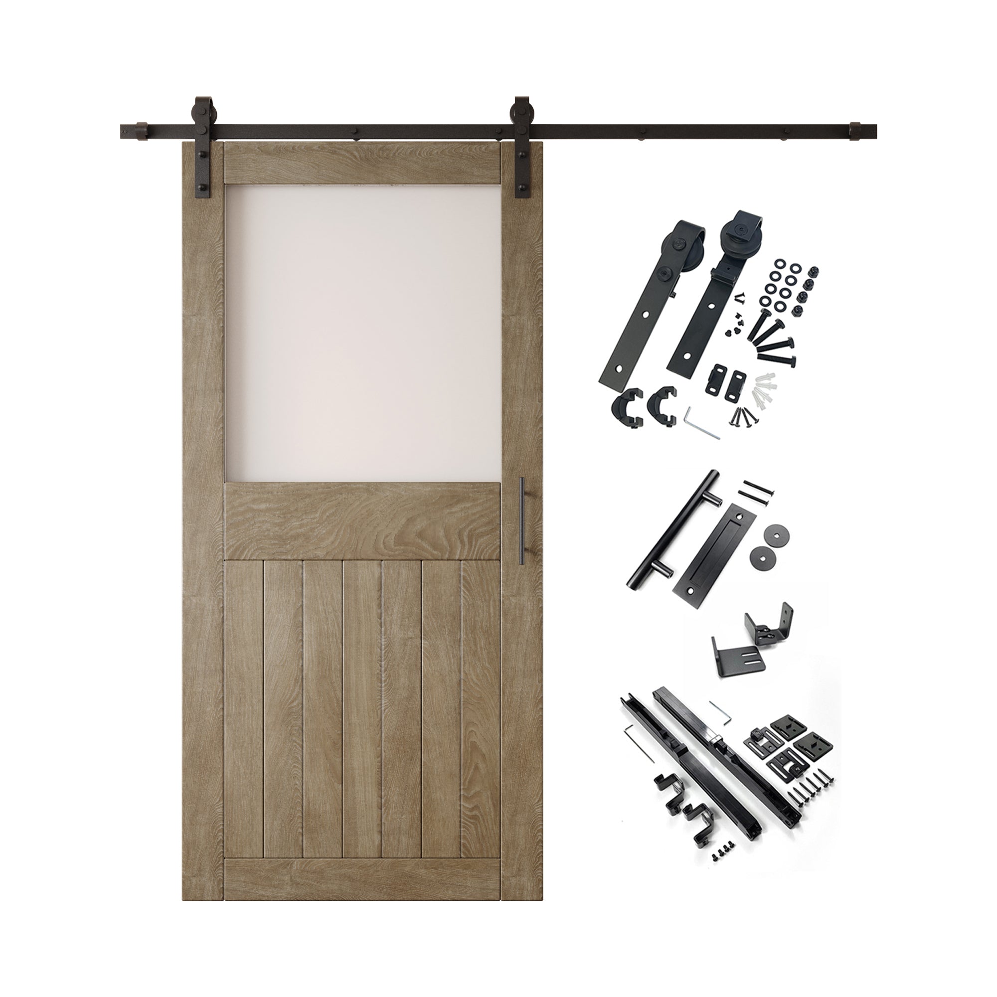 84" Height Classic Gray Half Lite Frosted Glass Unassembled & Finished Pine Wood Barn Door with Non-Bypass Installation Hardware Kit (Interior Use Only)