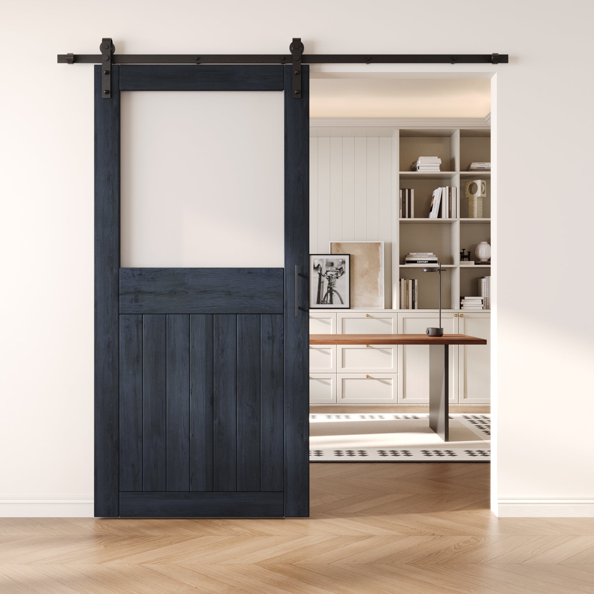 84" Height Navy Half Lite Frosted Glass Unassembled & Finished Pine Wood Barn Door with Non-Bypass Installation Hardware Kit (Interior Use Only)