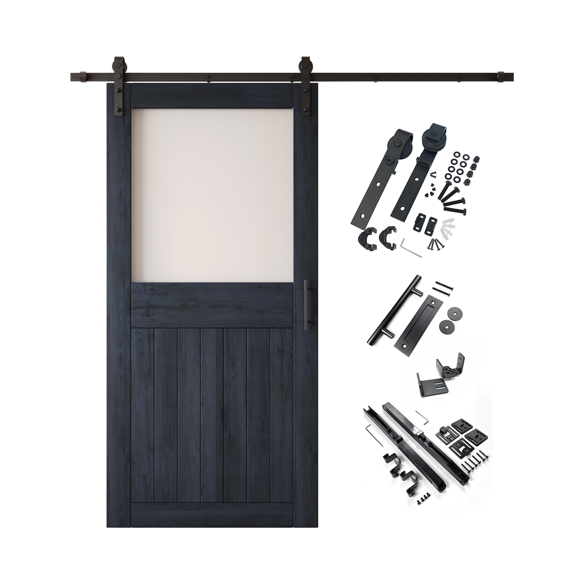 84" Height Navy Half Lite Frosted Glass Unassembled & Finished Pine Wood Barn Door with Non-Bypass Installation Hardware Kit (Interior Use Only)