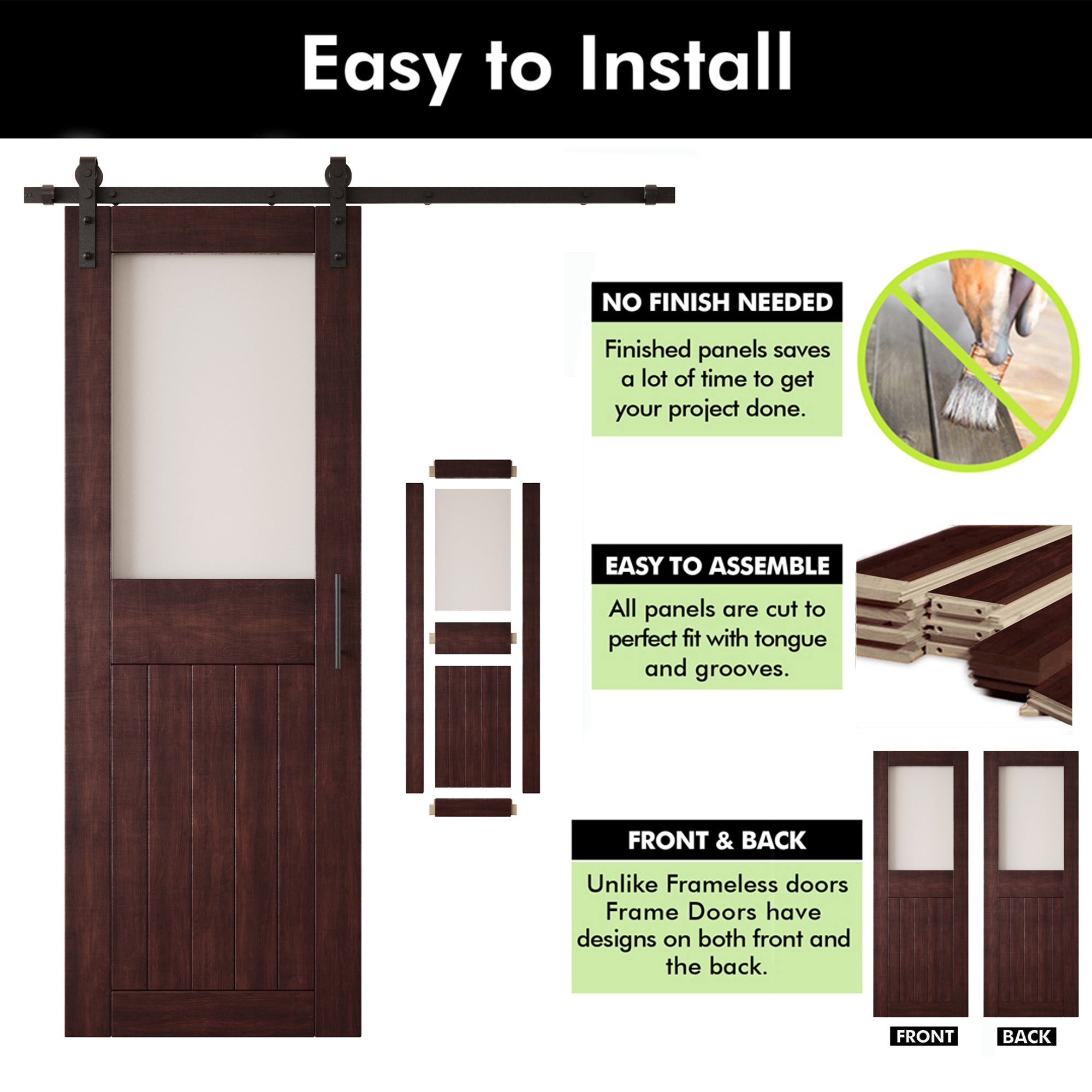 84" Height Red Mahogany Half Lite Frosted Glass Unassembled & Finished Pine Wood Barn Door with Non-Bypass Installation Hardware Kit (Interior Use Only)