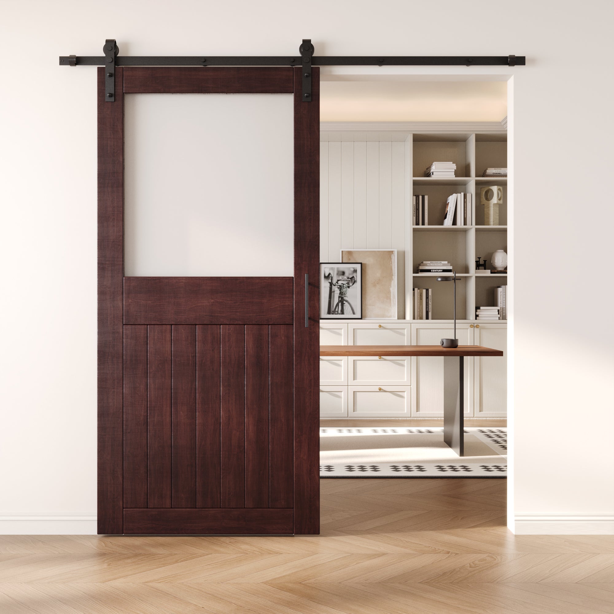 84" Height Red Mahogany Half Lite Frosted Glass Unassembled & Finished Pine Wood Barn Door with Non-Bypass Installation Hardware Kit (Interior Use Only)