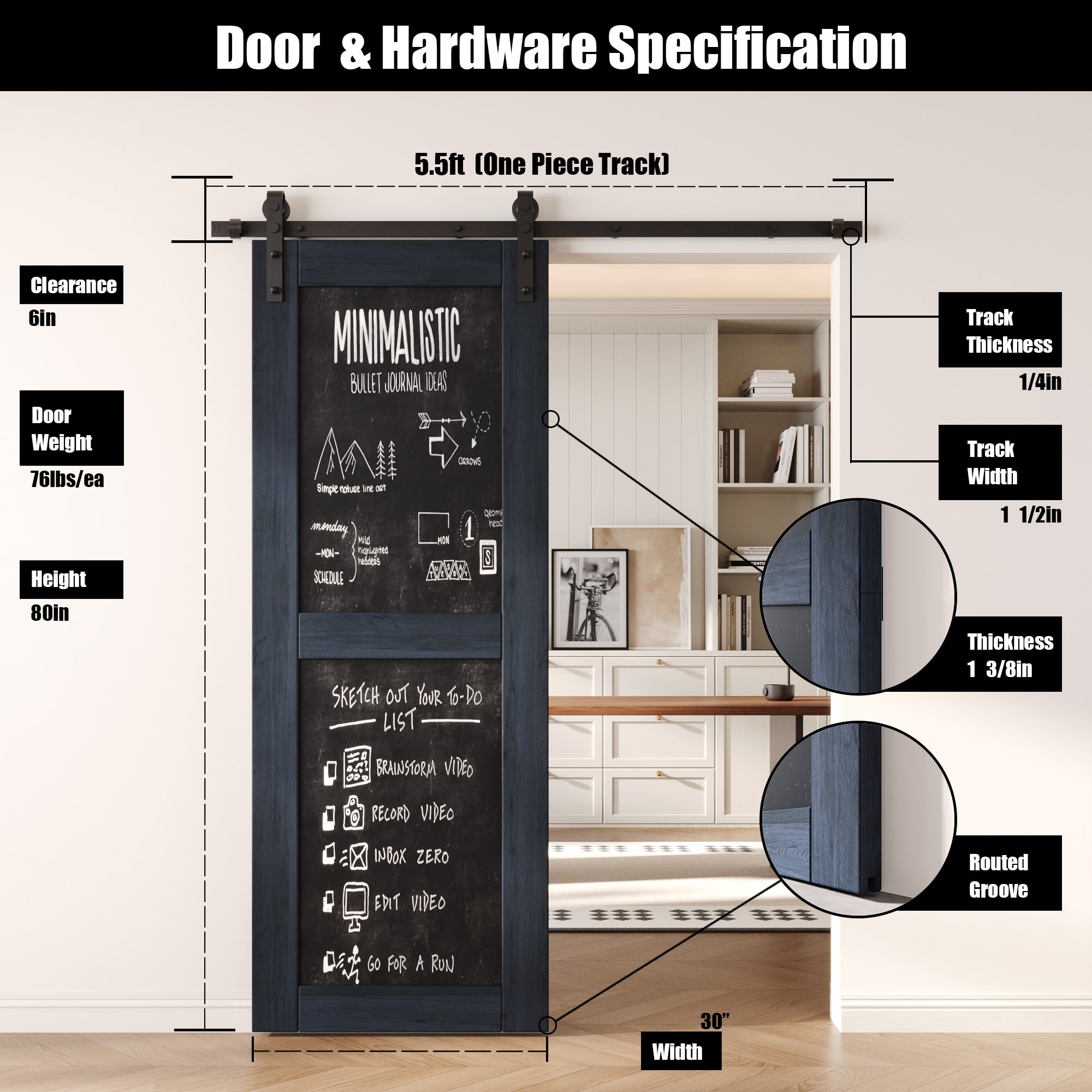 80" Height Navy Chalkboard Design Unassembled & Finished Pine Wood Barn Door with Non-Bypass Installation Hardware Kit (Interior Use Only)