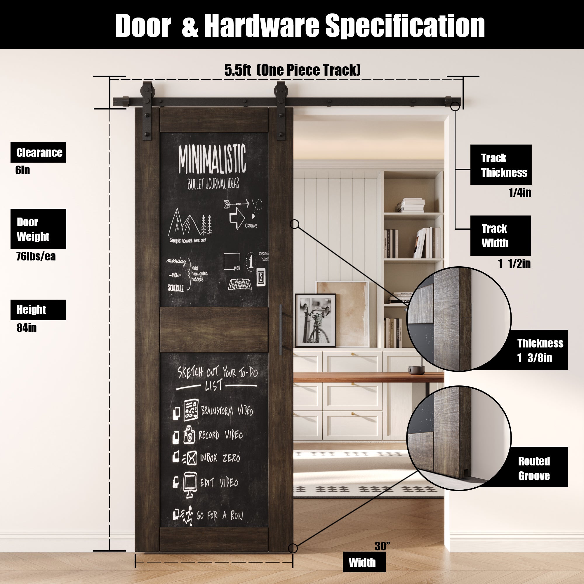 84" Height Ebony Chalkboard Design Unassembled & Finished Pine Wood Barn Door with Non-Bypass Installation Hardware Kit (Interior Use Only)