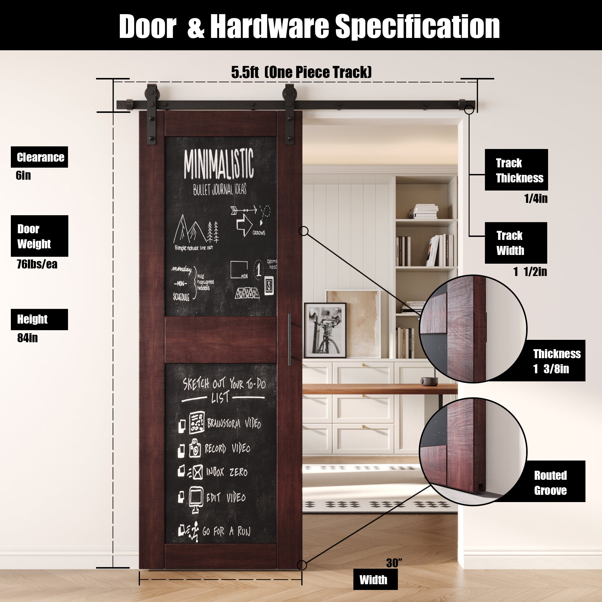84" Height Red Mahogany Chalkboard Design Unassembled & Finished Pine Wood Barn Door with Non-Bypass Installation Hardware Kit (Interior Use Only)
