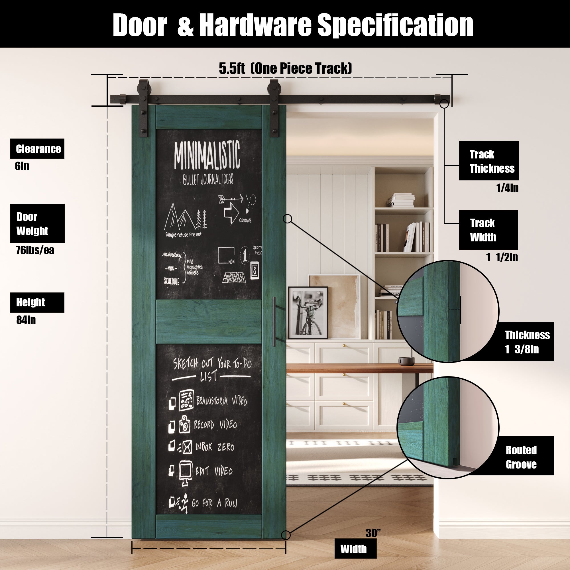 84" Height Royal Pine Chalkboard Design Unassembled & Finished Pine Wood Barn Door with Non-Bypass Installation Hardware Kit (Interior Use Only)