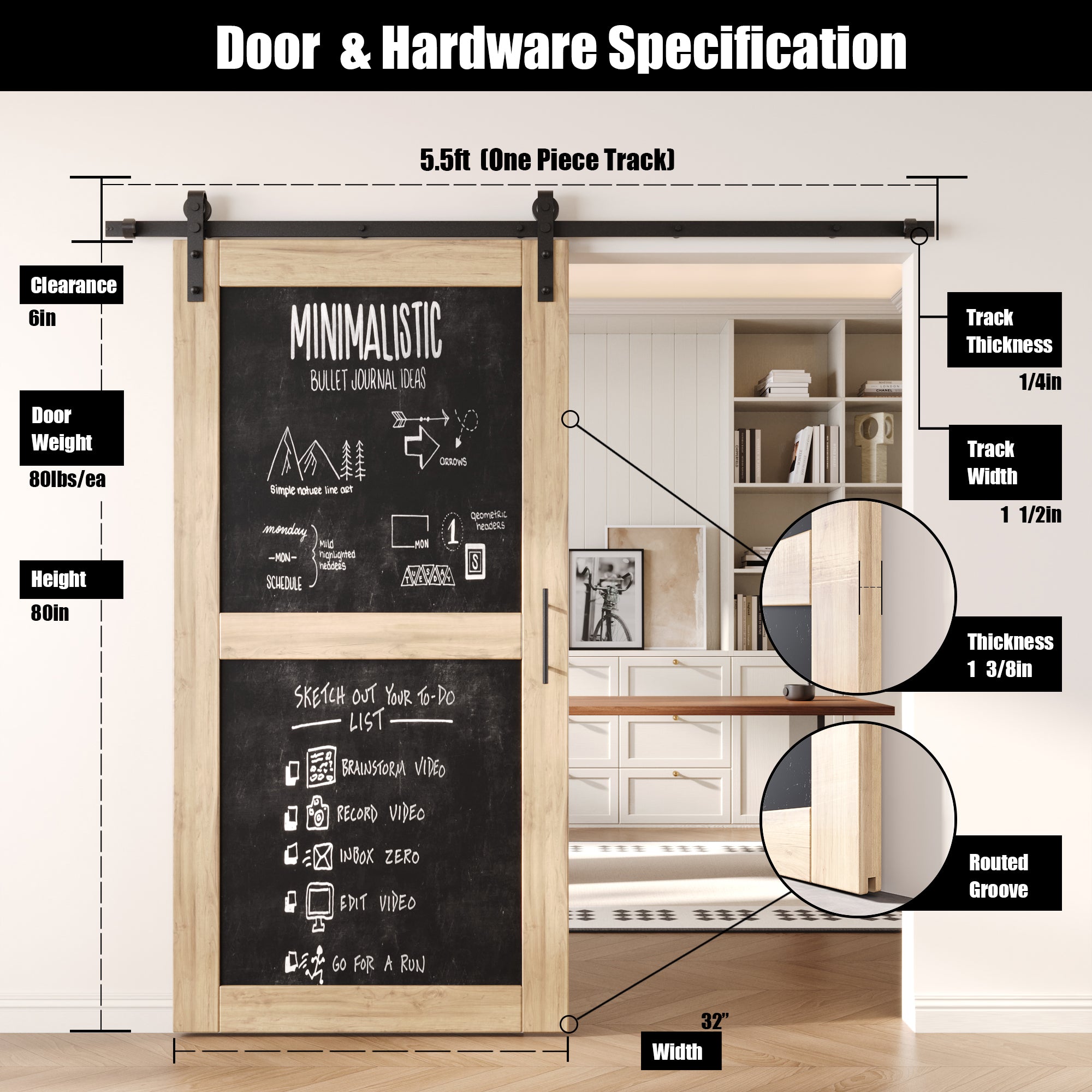 80" Height Chalkboard Design Unassembled & Unfinished Pine Wood Barn Door with Non-Bypass Installation Hardware Kit (Interior Use Only)
