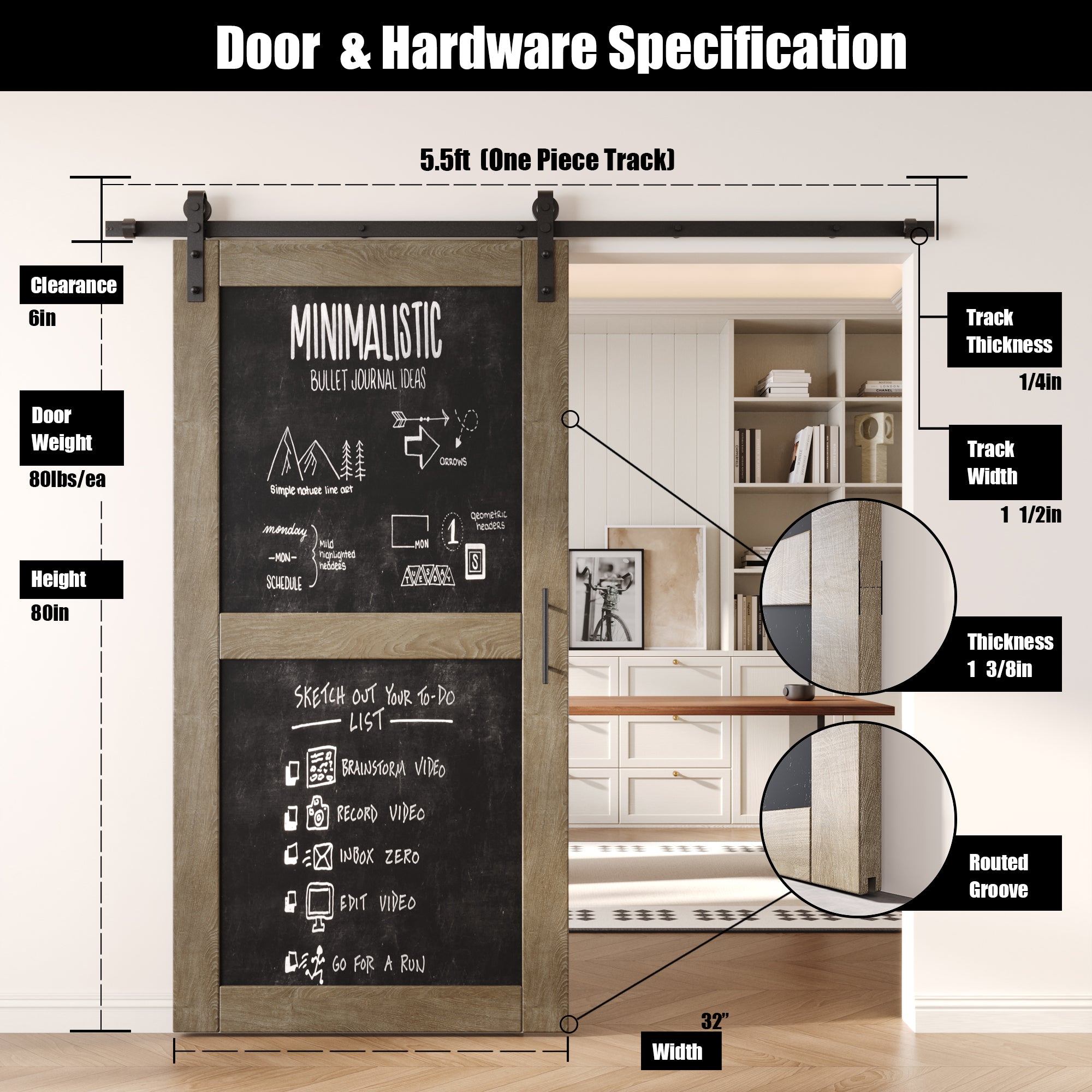 80" Height Classic Gray Chalkboard Design Unassembled & Finished Pine Wood Barn Door with Non-Bypass Installation Hardware Kit (Interior Use Only)