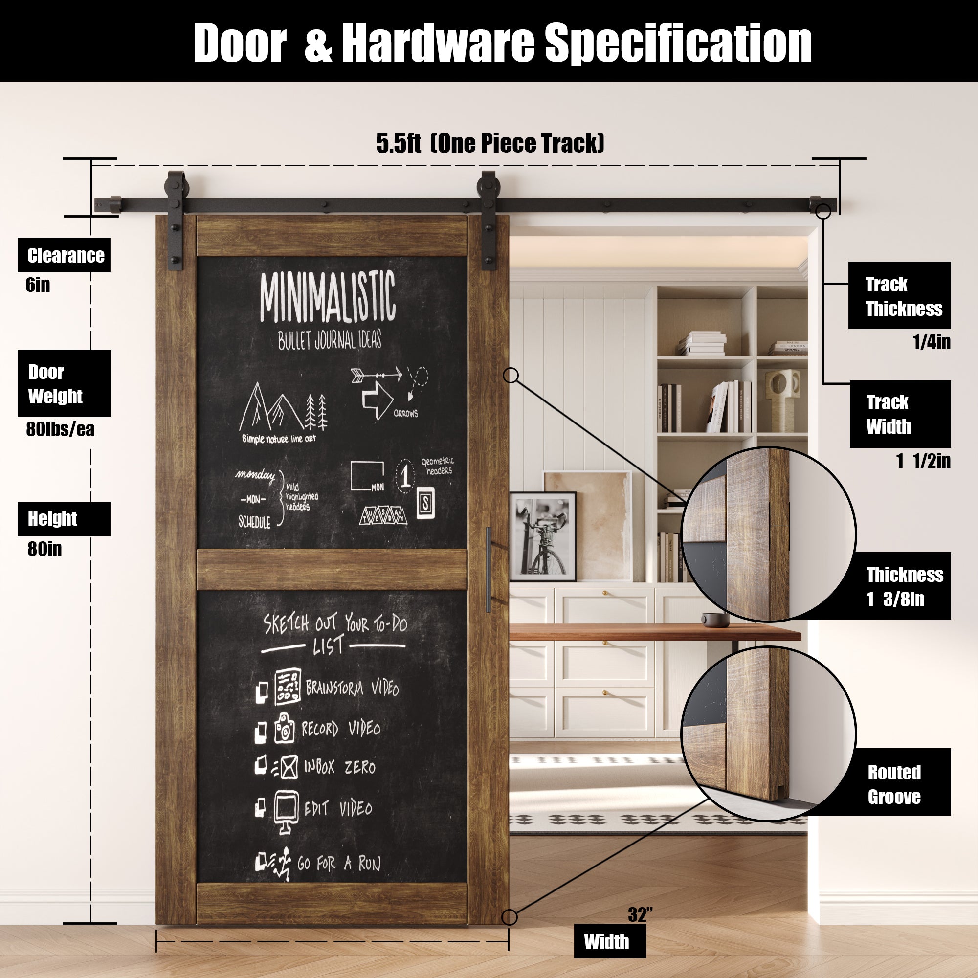 80" Height Dark Walnut Chalkboard Design Unassembled & Finished Pine Wood Barn Door with Non-Bypass Installation Hardware Kit (Interior Use Only)