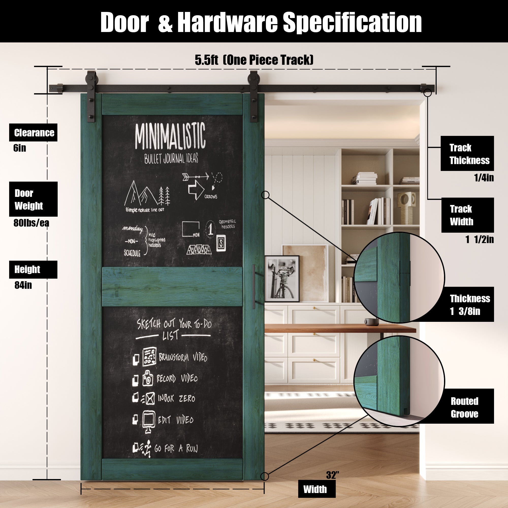 84" Height Royal Pine Chalkboard Design Unassembled & Finished Pine Wood Barn Door with Non-Bypass Installation Hardware Kit (Interior Use Only)
