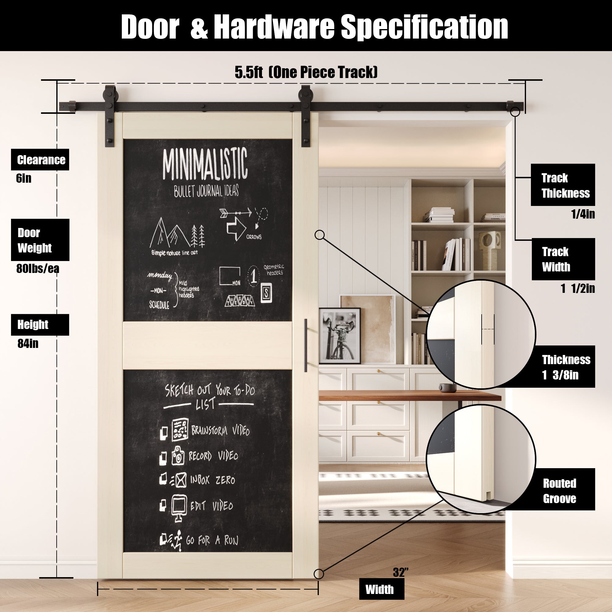 84" Height Tinsmith Gray Chalkboard Design Unassembled & Finished Pine Wood Barn Door with Non-Bypass Installation Hardware Kit (Interior Use Only)