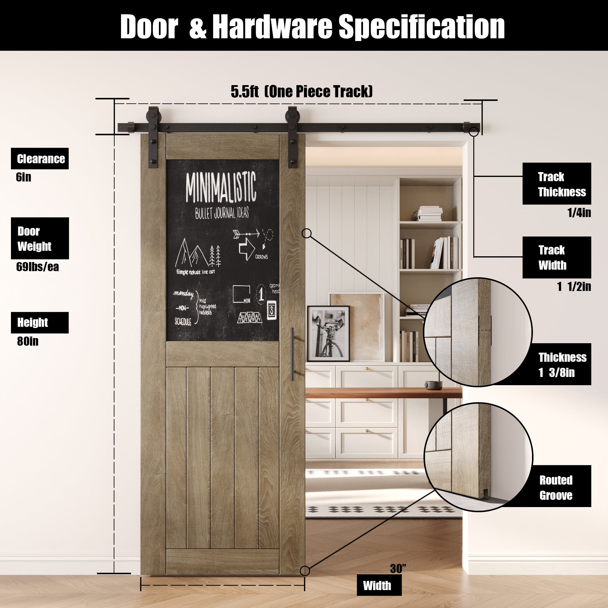 80" Height Classic Gray Top Chalkboard Panel Unassembled & Finished Pine Wood Barn Door with Non-Bypass Installation Hardware Kit (Interior Use Only)