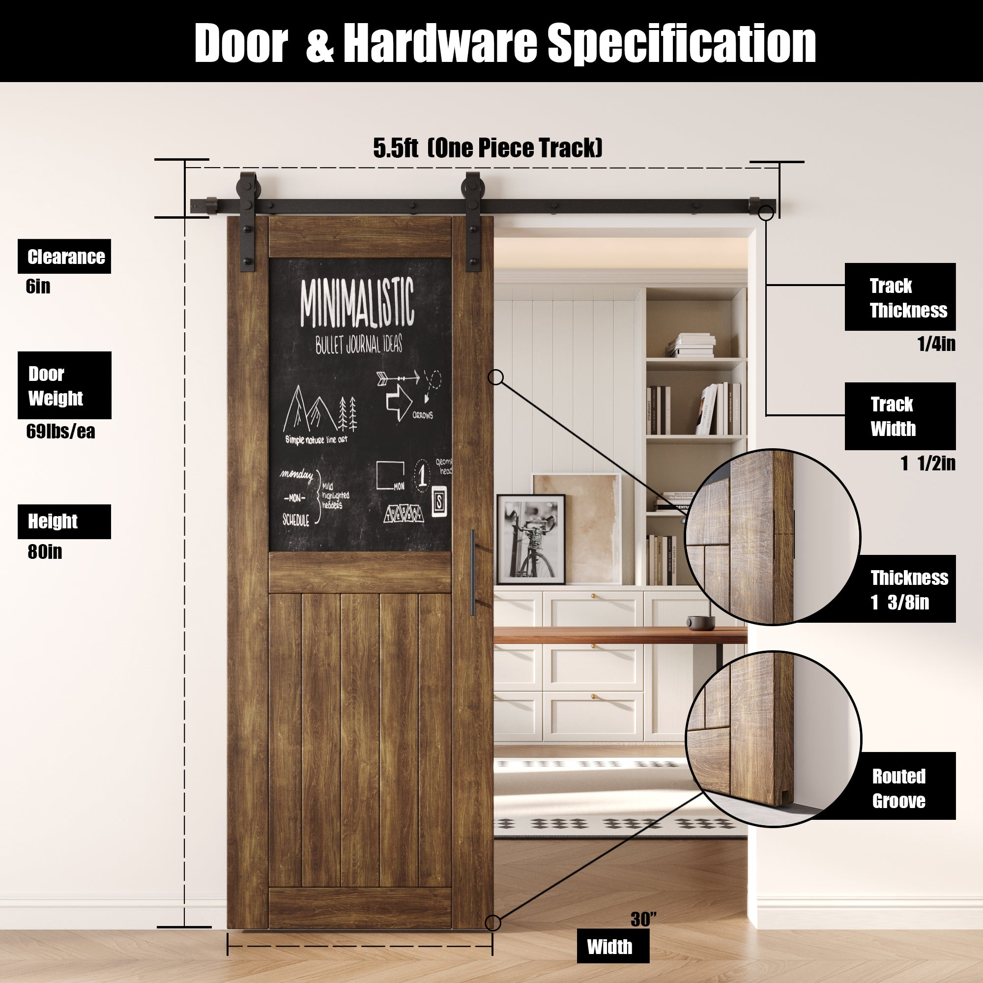 80" Height Dark Walnut Top Chalkboard Panel Unassembled & Finished Pine Wood Barn Door with Non-Bypass Installation Hardware Kit (Interior Use Only)