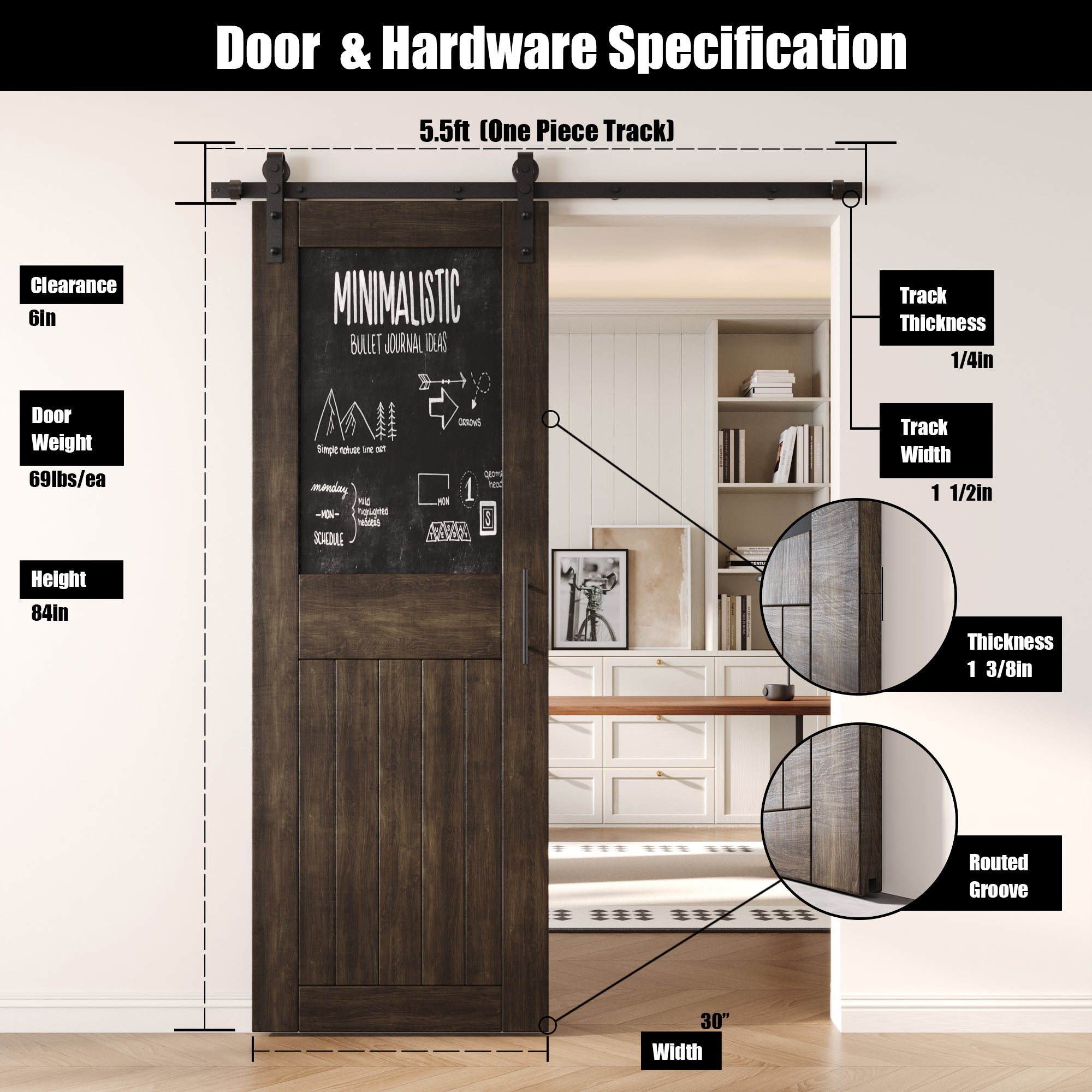 84" Height Ebony Top Chalkboard Panel Unassembled & Finished Pine Wood Barn Door with Non-Bypass Installation Hardware Kit (Interior Use Only)