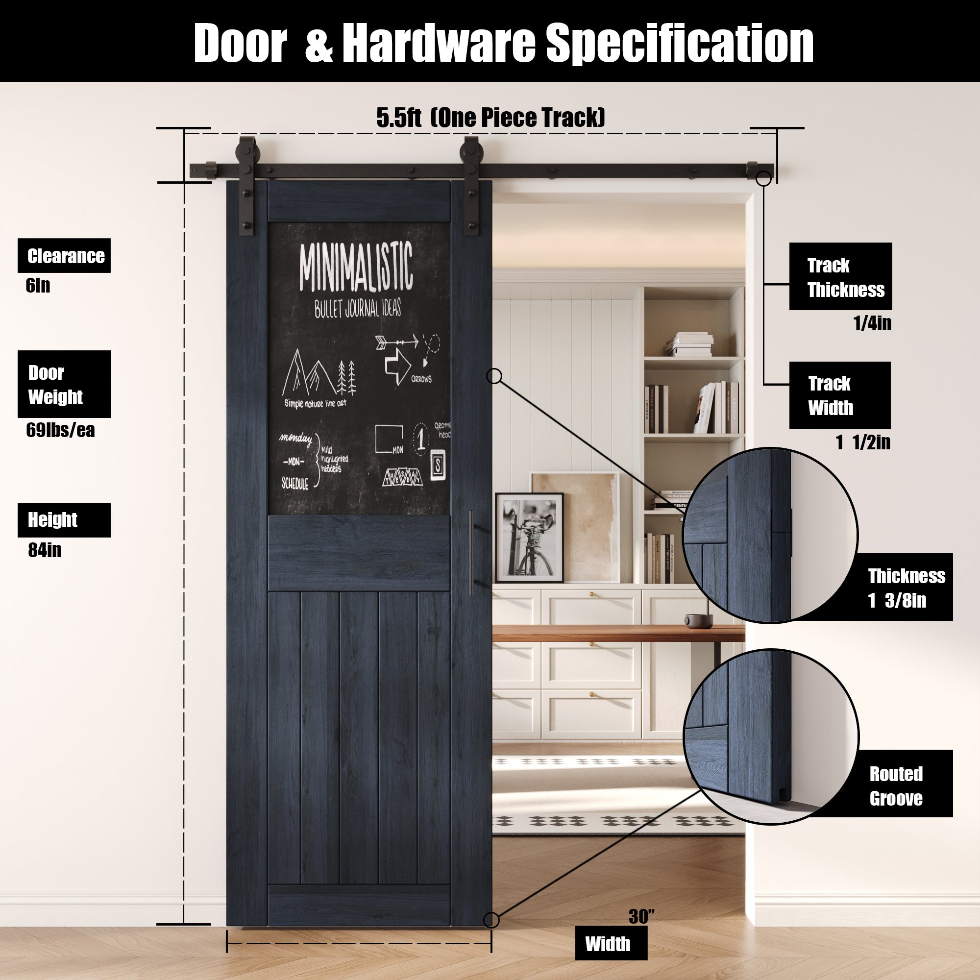 84" Height Navy Top Chalkboard Panel Unassembled & Finished Pine Wood Barn Door with Non-Bypass Installation Hardware Kit (Interior Use Only)