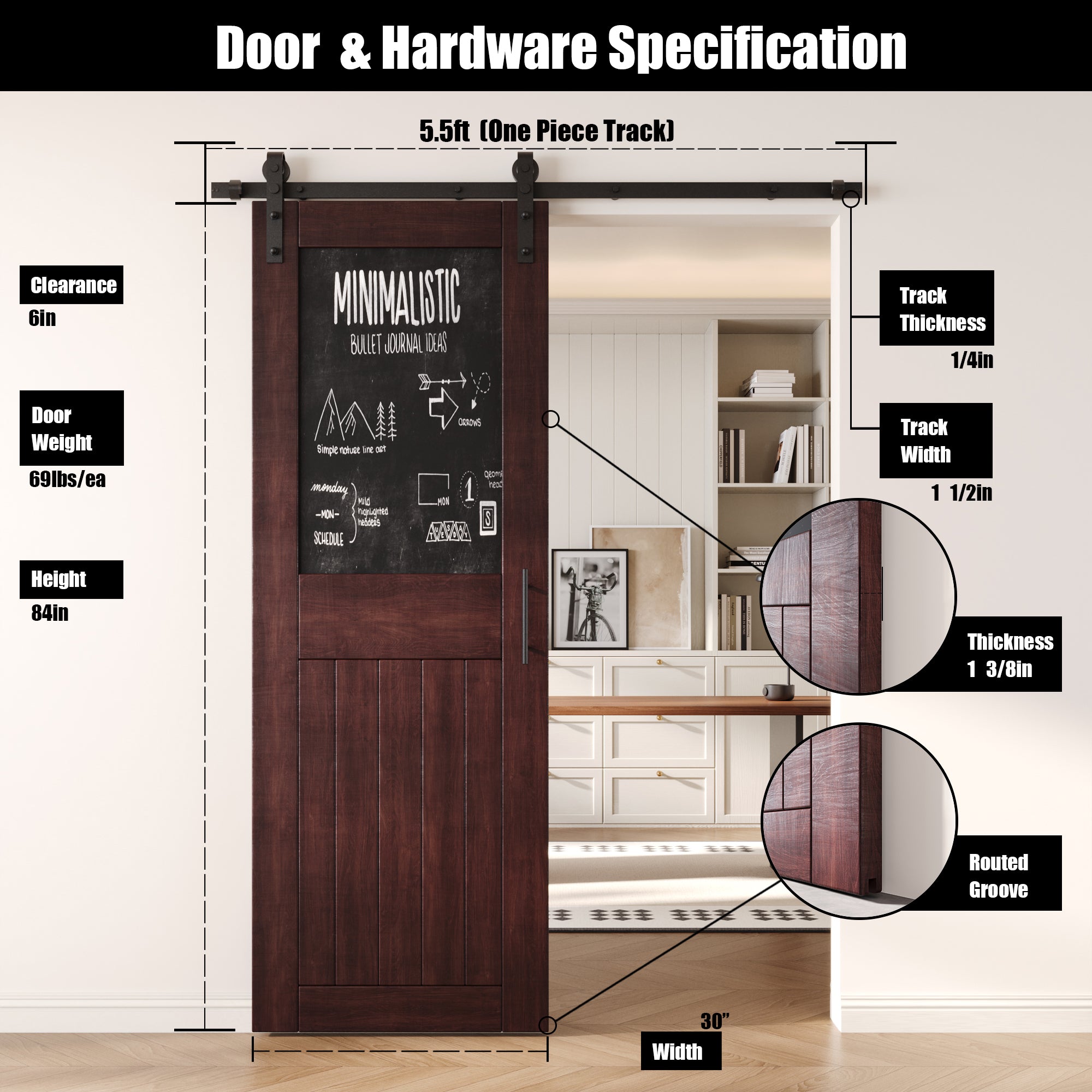 84" Height Red Mahogany Top Chalkboard Panel Unassembled & Finished Pine Wood Barn Door with Non-Bypass Installation Hardware Kit (Interior Use Only)