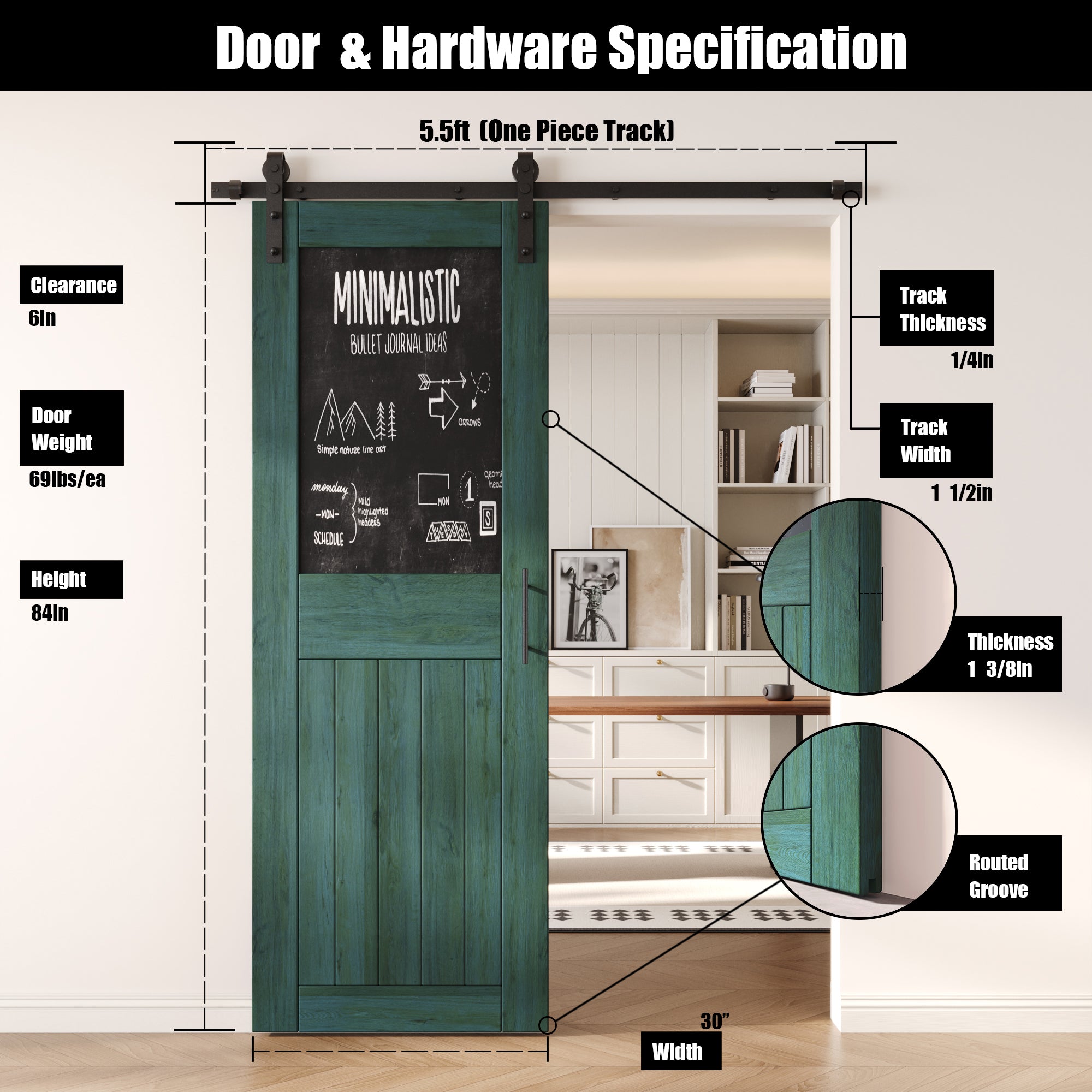 84" Height Royal Pine Top Chalkboard Panel Unassembled & Finished Pine Wood Barn Door with Non-Bypass Installation Hardware Kit (Interior Use Only)