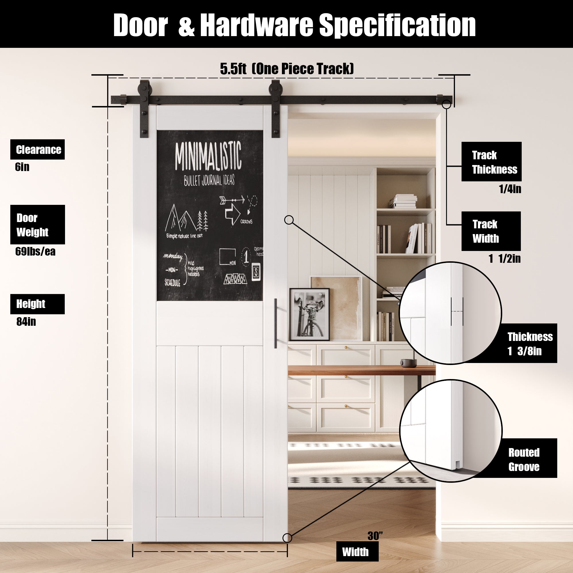 84" Height White Top Chalkboard Panel Unassembled & Finished Pine Wood Barn Door with Non-Bypass Installation Hardware Kit (Interior Use Only)