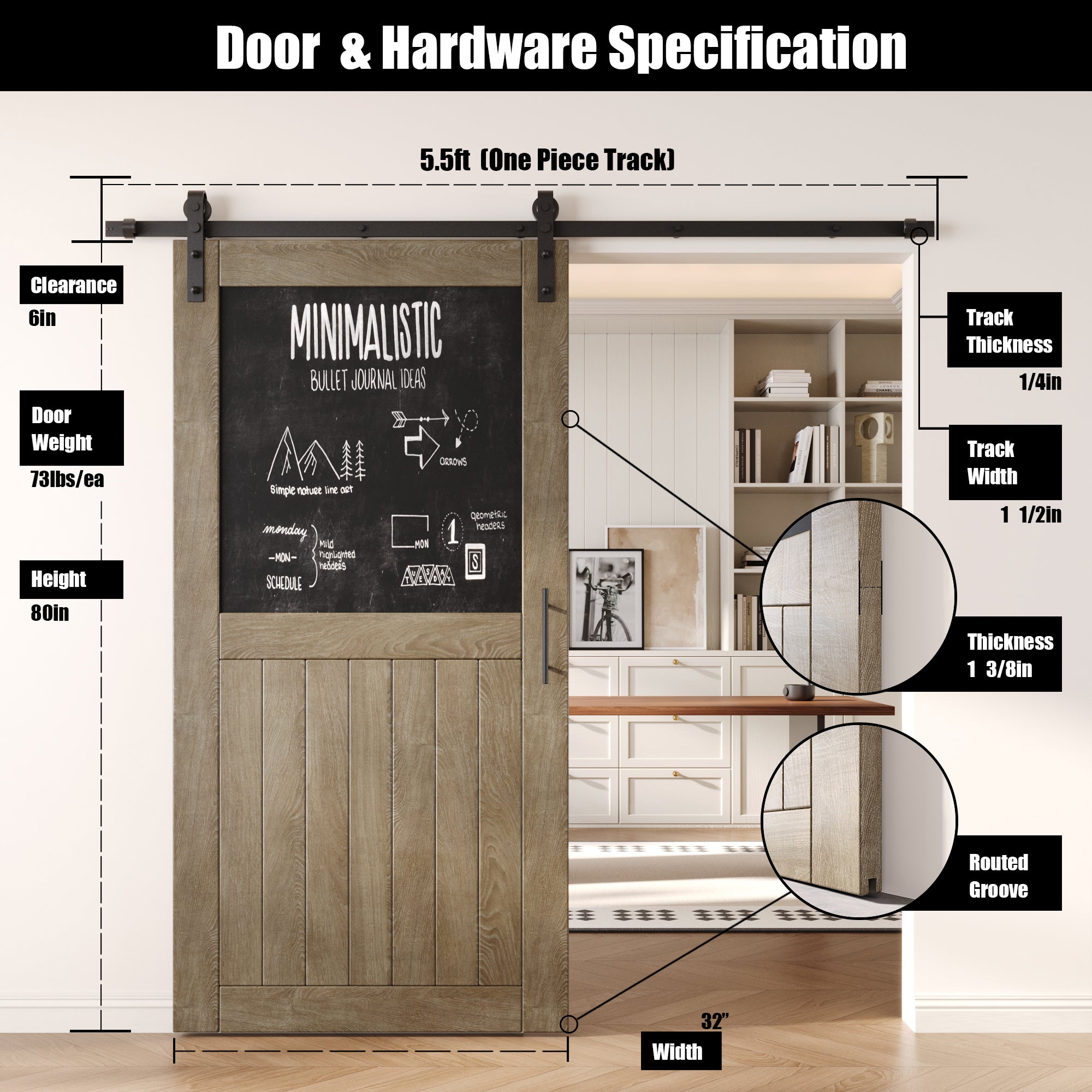 80" Height Classic Gray Top Chalkboard Panel Unassembled & Finished Pine Wood Barn Door with Non-Bypass Installation Hardware Kit (Interior Use Only)