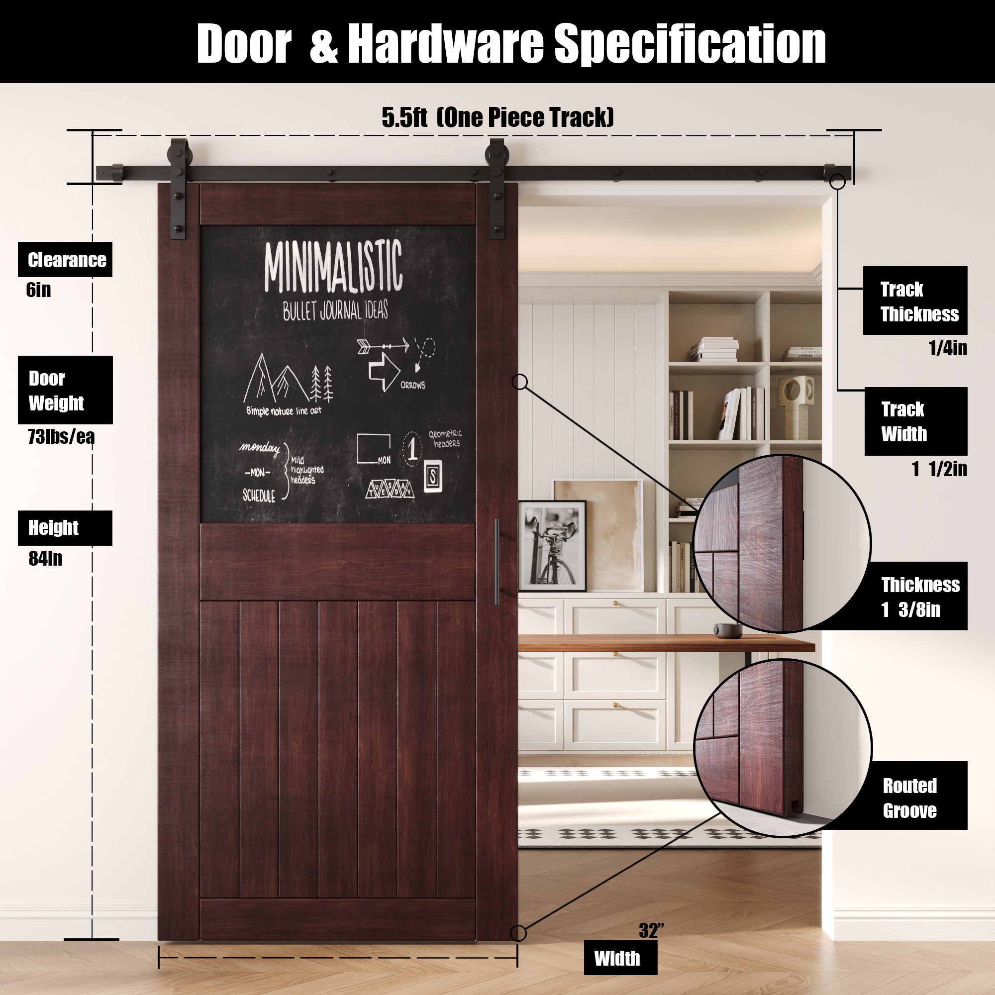 84" Height Red Mahogany Top Chalkboard Panel Unassembled & Finished Pine Wood Barn Door with Non-Bypass Installation Hardware Kit (Interior Use Only)