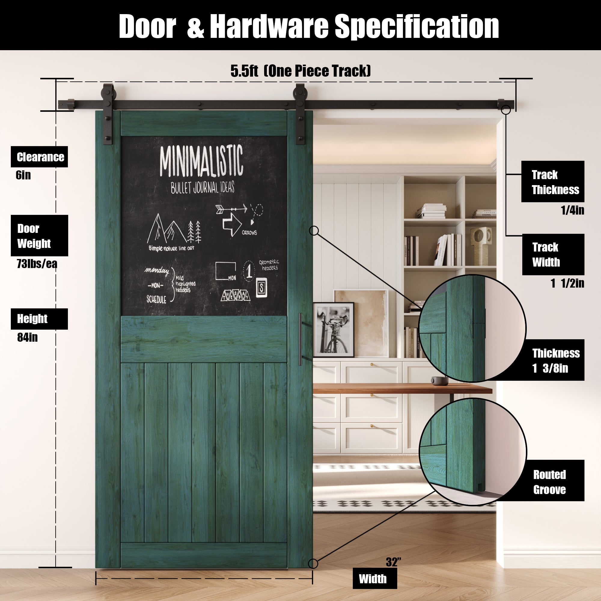 84" Height Royal Pine Top Chalkboard Panel Unassembled & Finished Pine Wood Barn Door with Non-Bypass Installation Hardware Kit (Interior Use Only)