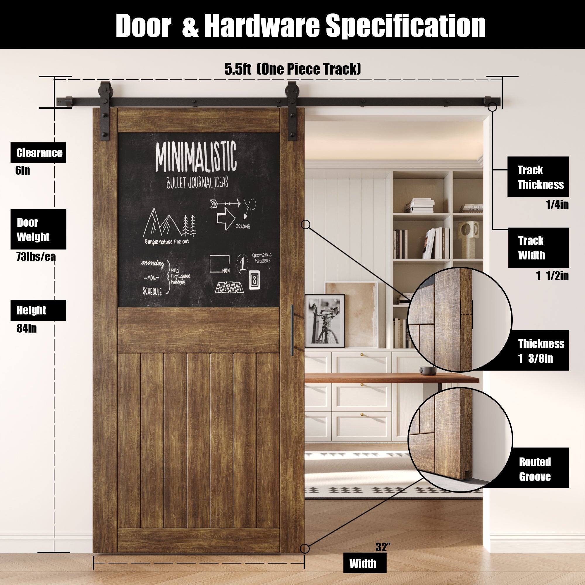 84" Height Dark Walnut Top Chalkboard Panel Unassembled & Finished Pine Wood Barn Door with Non-Bypass Installation Hardware Kit (Interior Use Only)