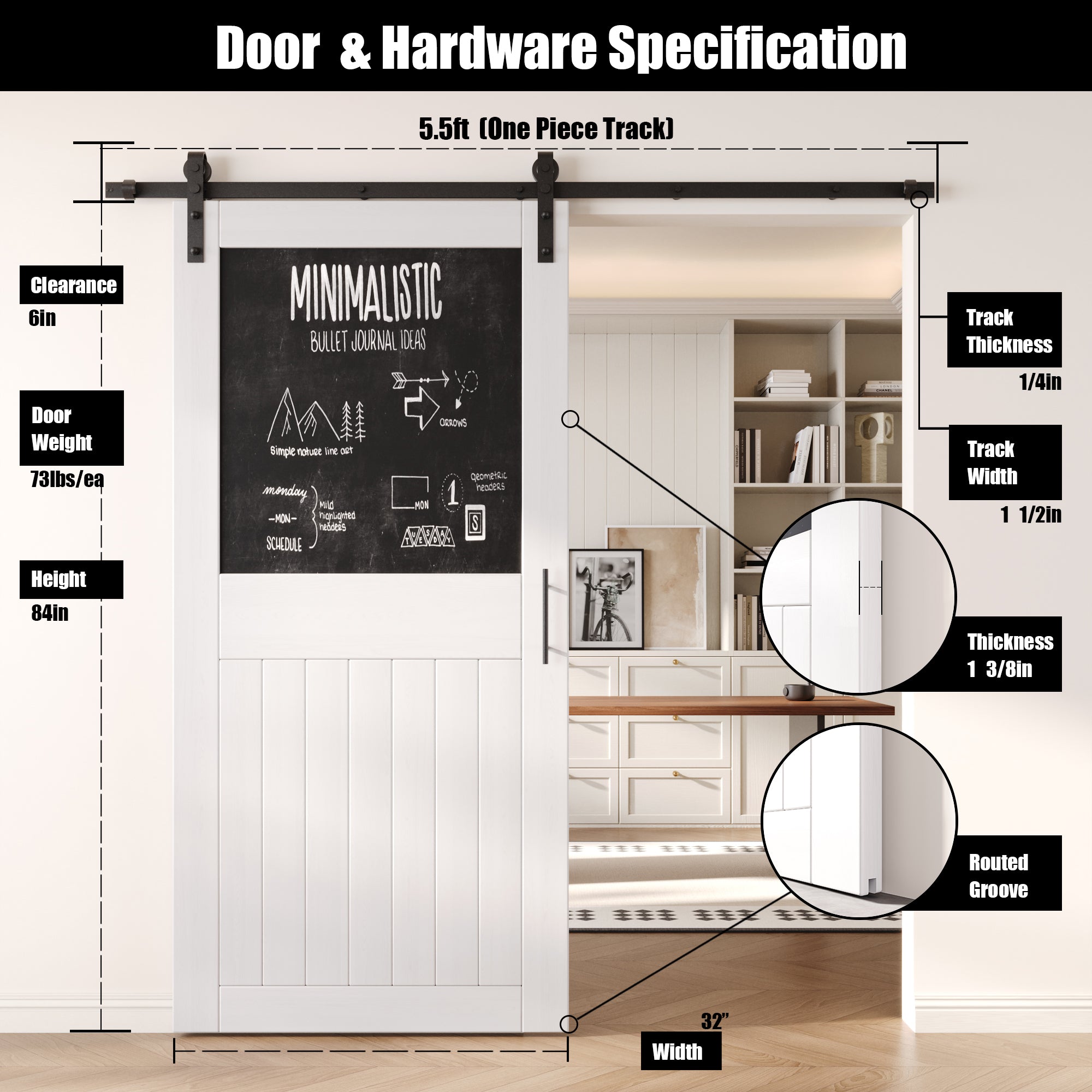 84" Height White Top Chalkboard Panel Unassembled & Finished Pine Wood Barn Door with Non-Bypass Installation Hardware Kit (Interior Use Only)