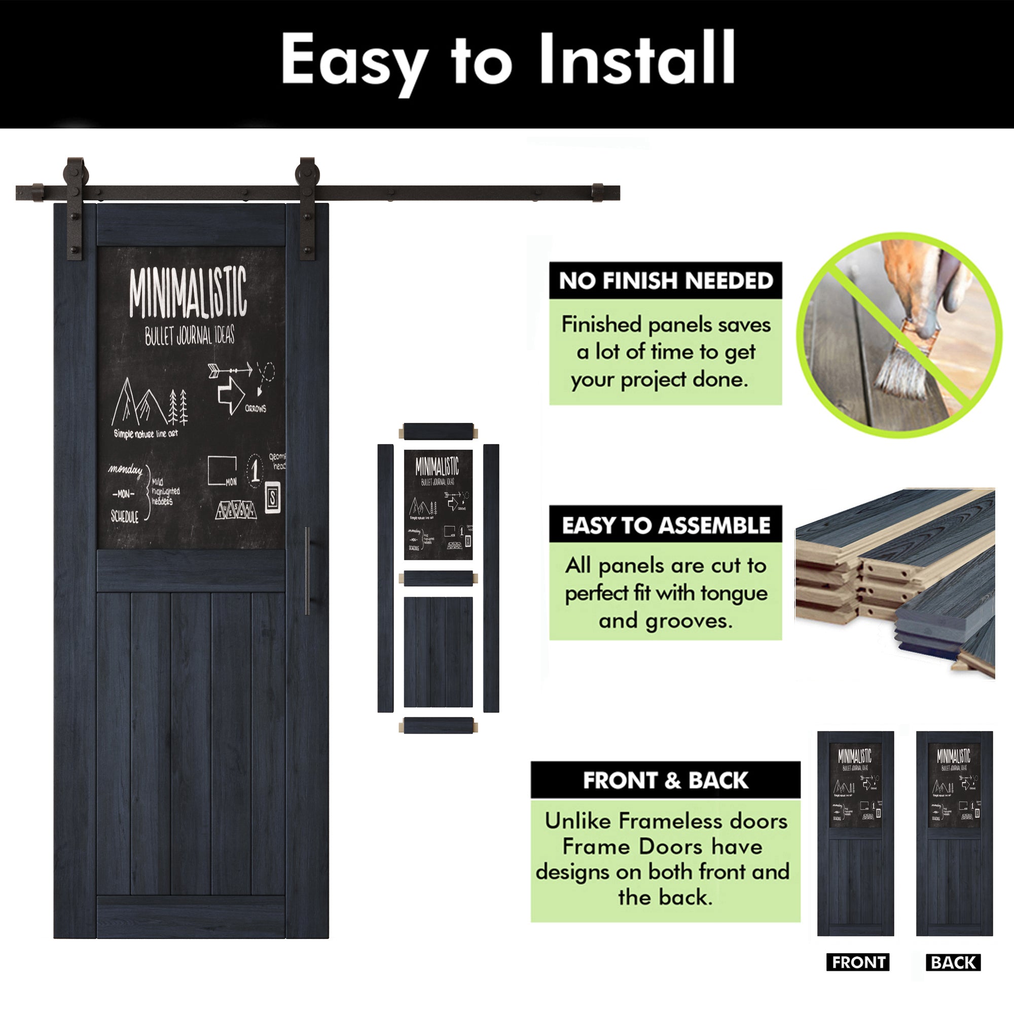 80" Height Navy Top Chalkboard Panel Unassembled & Finished Pine Wood Barn Door with Non-Bypass Installation Hardware Kit (Interior Use Only)
