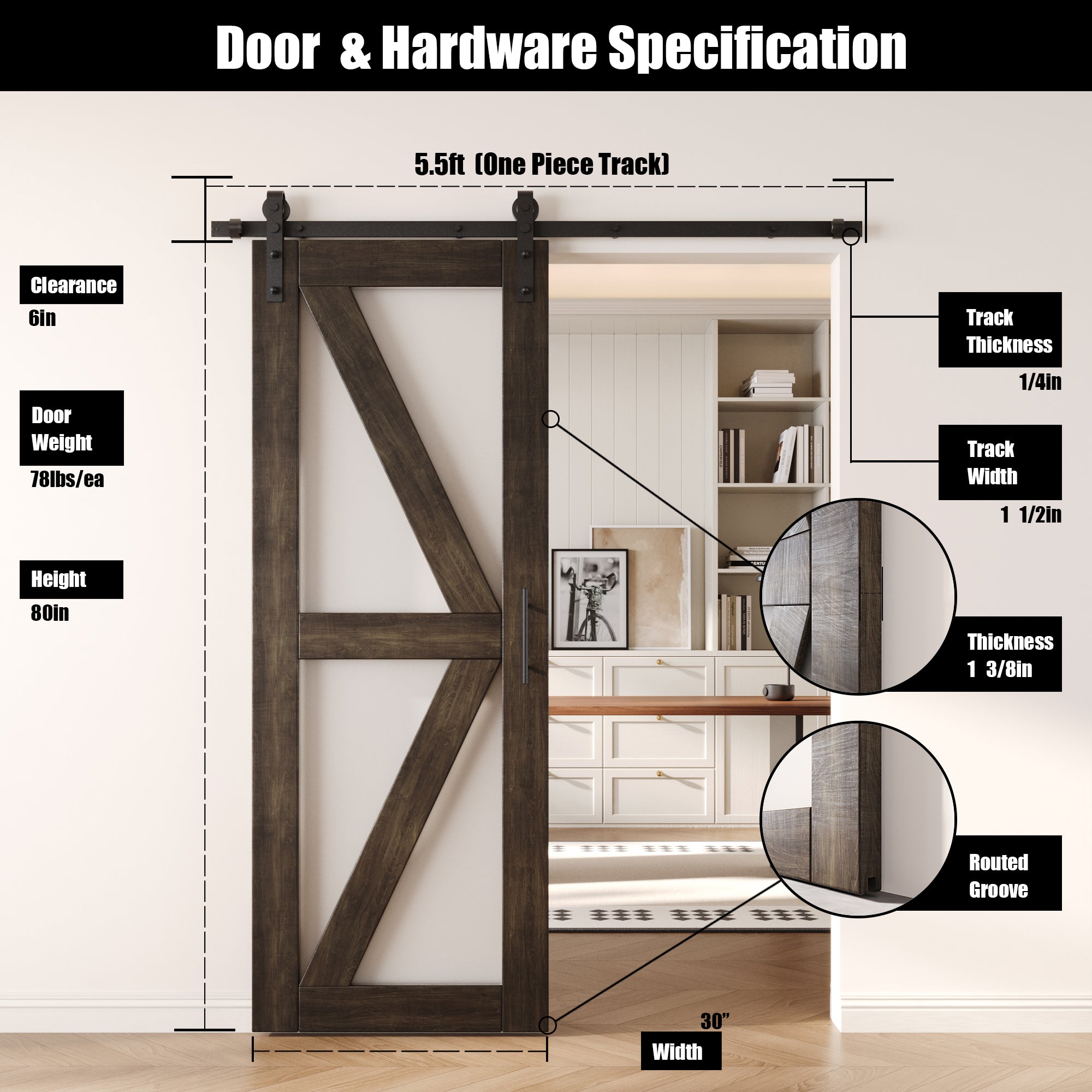 80" Height Ebony Arrow Pattern Glass Unassembled & Finished Pine Wood Barn Door with Non-Bypass Installation Hardware Kit (Interior Use Only)