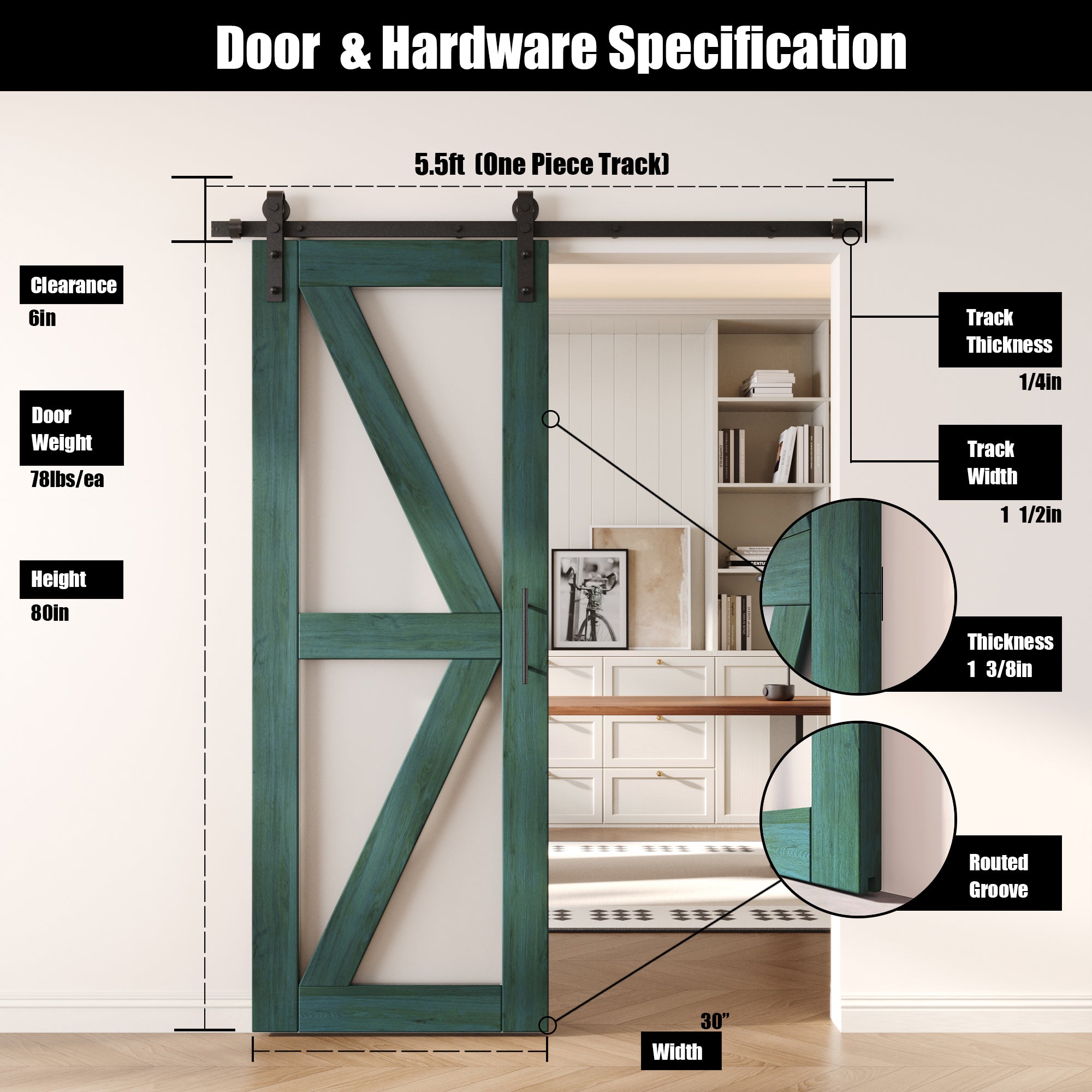 80" Height Royal Pine Arrow Pattern Glass Unassembled & Finished Pine Wood Barn Door with Non-Bypass Installation Hardware Kit (Interior Use Only)