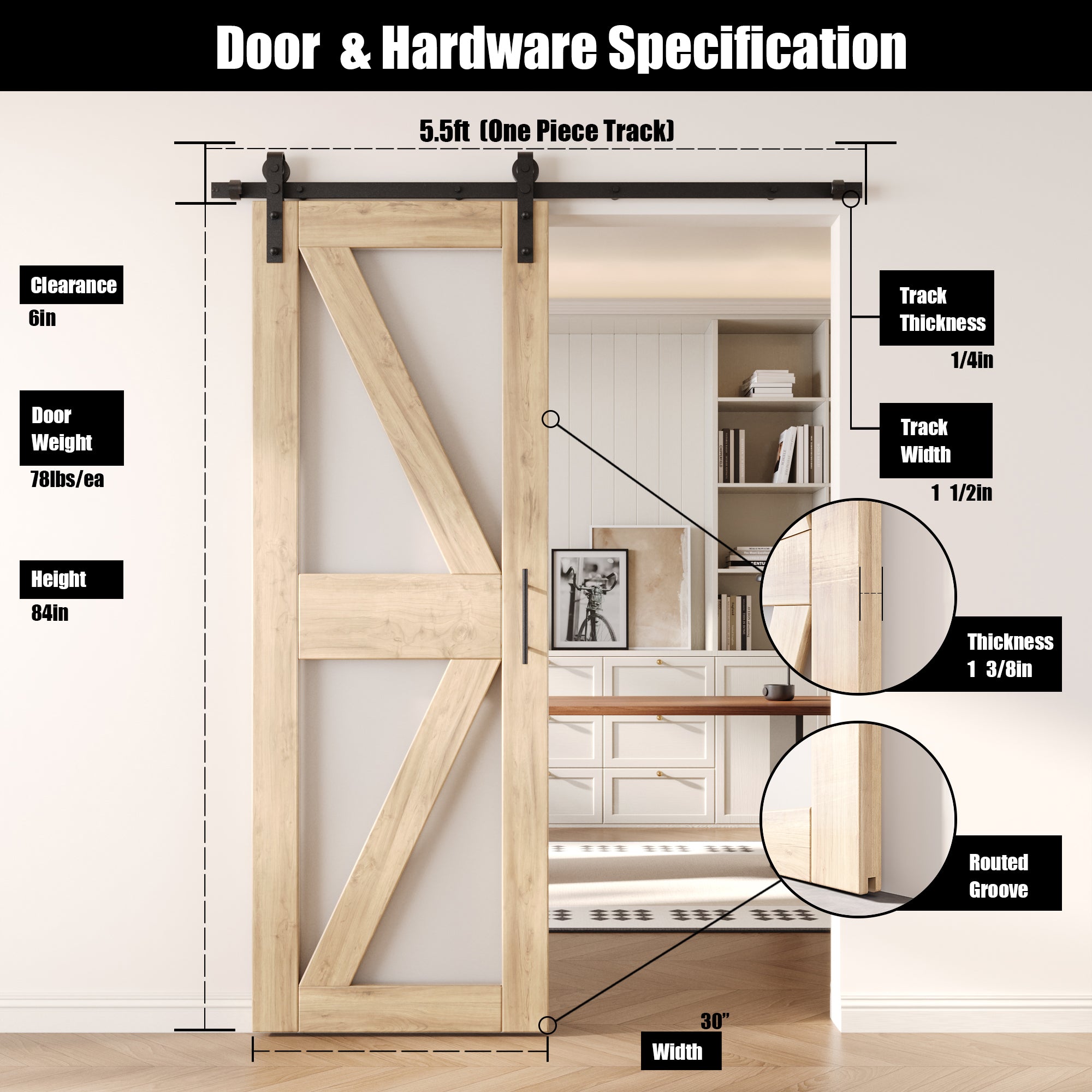 84" Height Arrow Pattern Glass Unassembled & Unfinished Pine Wood Barn Door with Non-Bypass Installation Hardware Kit (Interior Use Only)