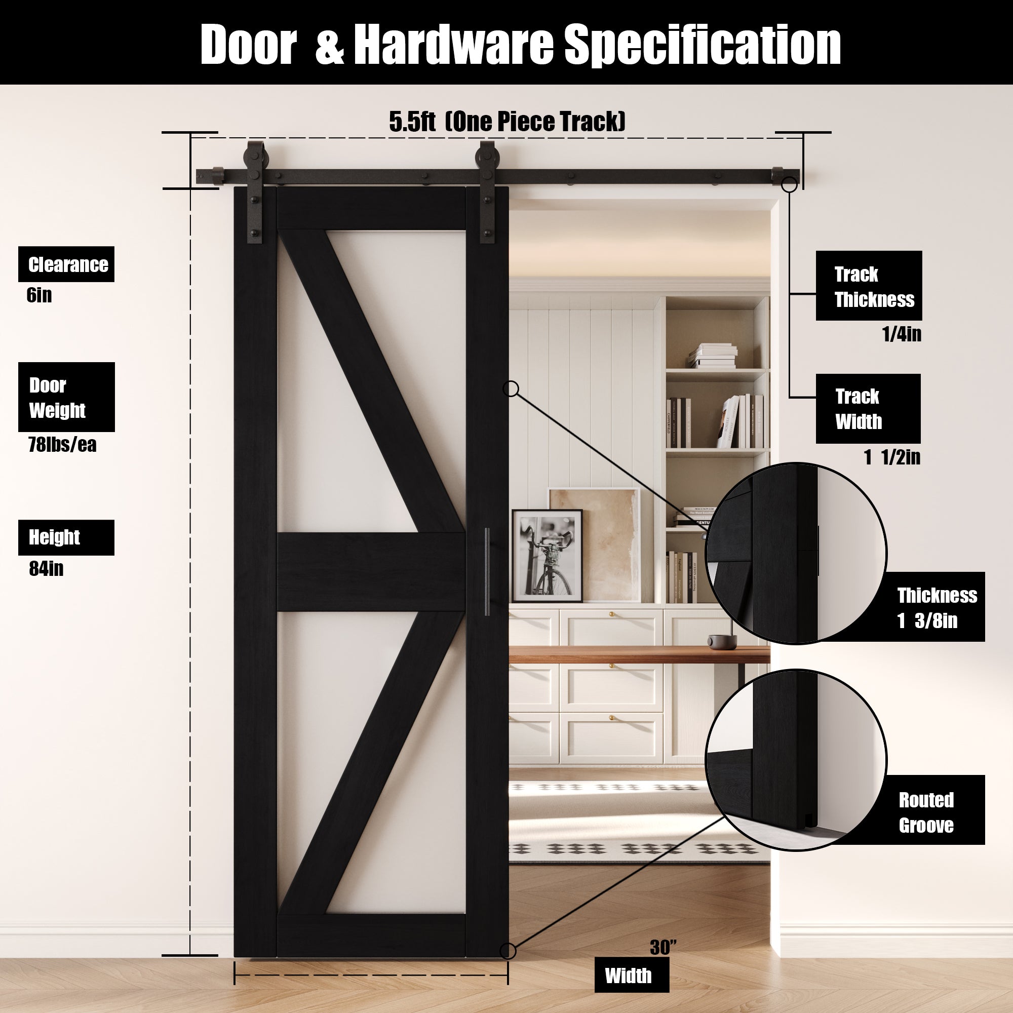 84" Height Black Arrow Pattern Glass Unassembled & Finished Pine Wood Barn Door with Non-Bypass Installation Hardware Kit (Interior Use Only)