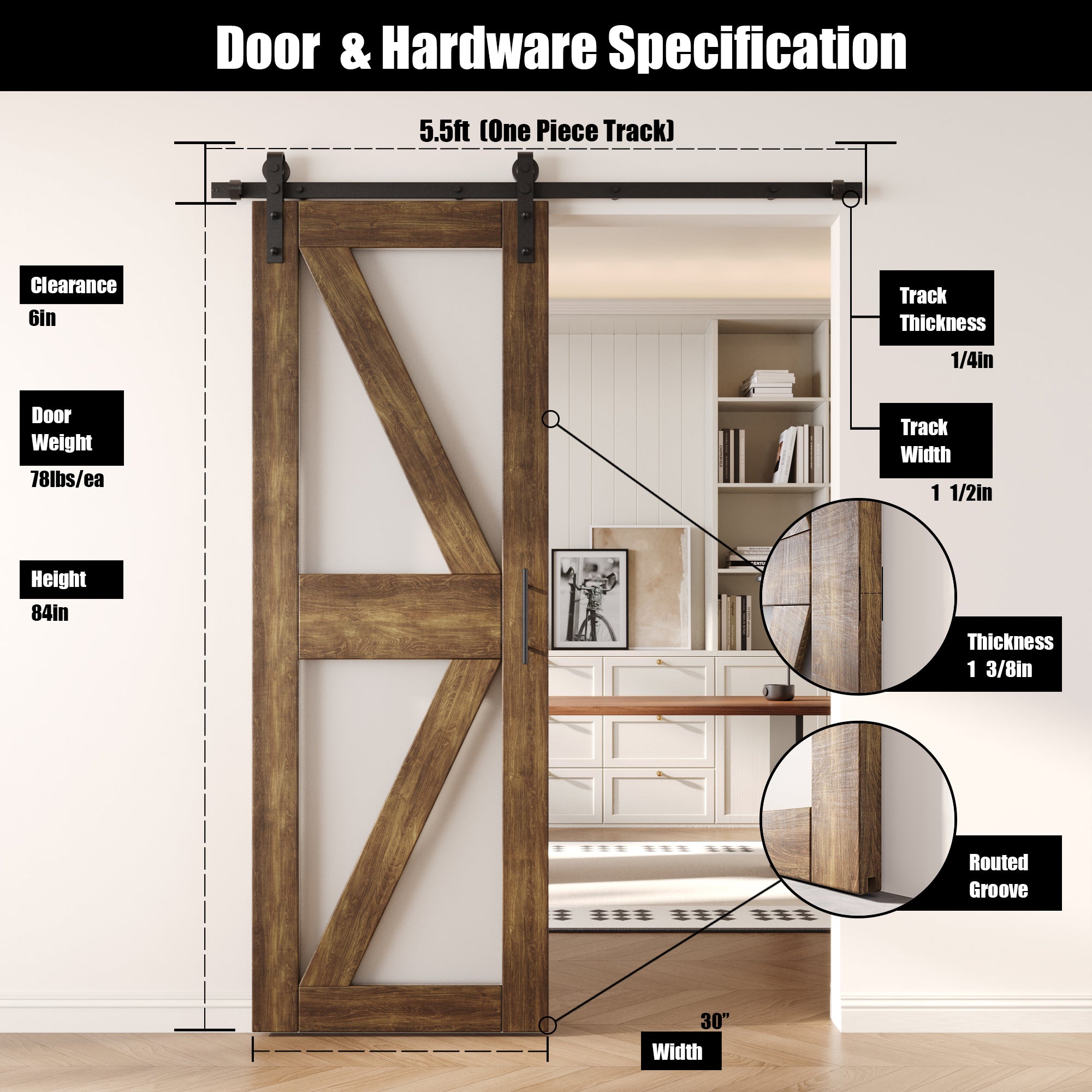 84" Height Dark Walnut Arrow Pattern Glass Unassembled & Finished Pine Wood Barn Door with Non-Bypass Installation Hardware Kit (Interior Use Only)