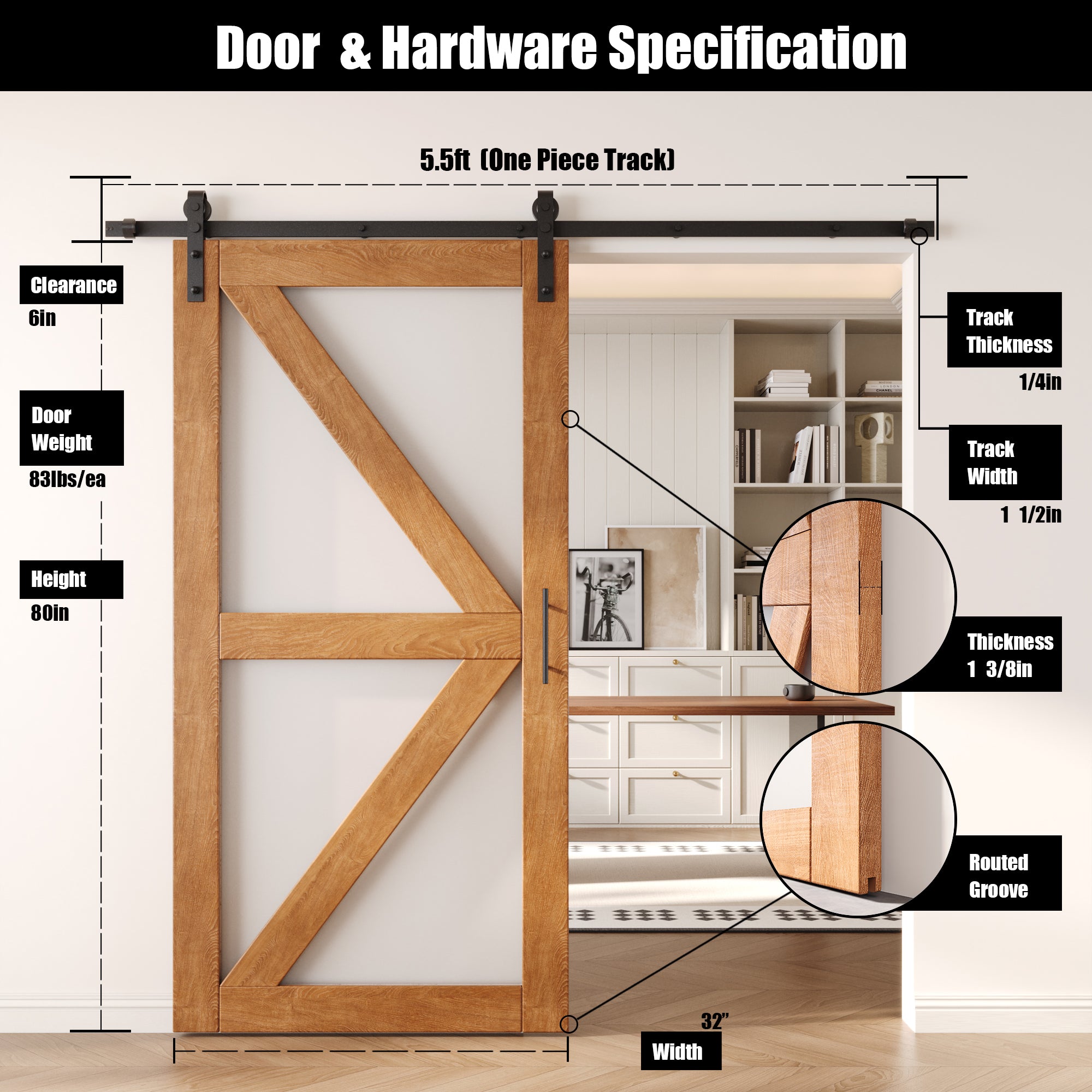 80" Height Early American Arrow Pattern Glass Unassembled & Finished Pine Wood Barn Door with Non-Bypass Installation Hardware Kit (Interior Use Only)