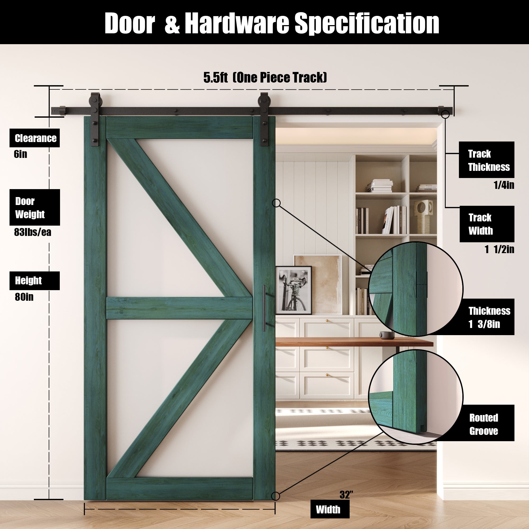 80" Height Royal Pine Arrow Pattern Glass Unassembled & Finished Pine Wood Barn Door with Non-Bypass Installation Hardware Kit (Interior Use Only)