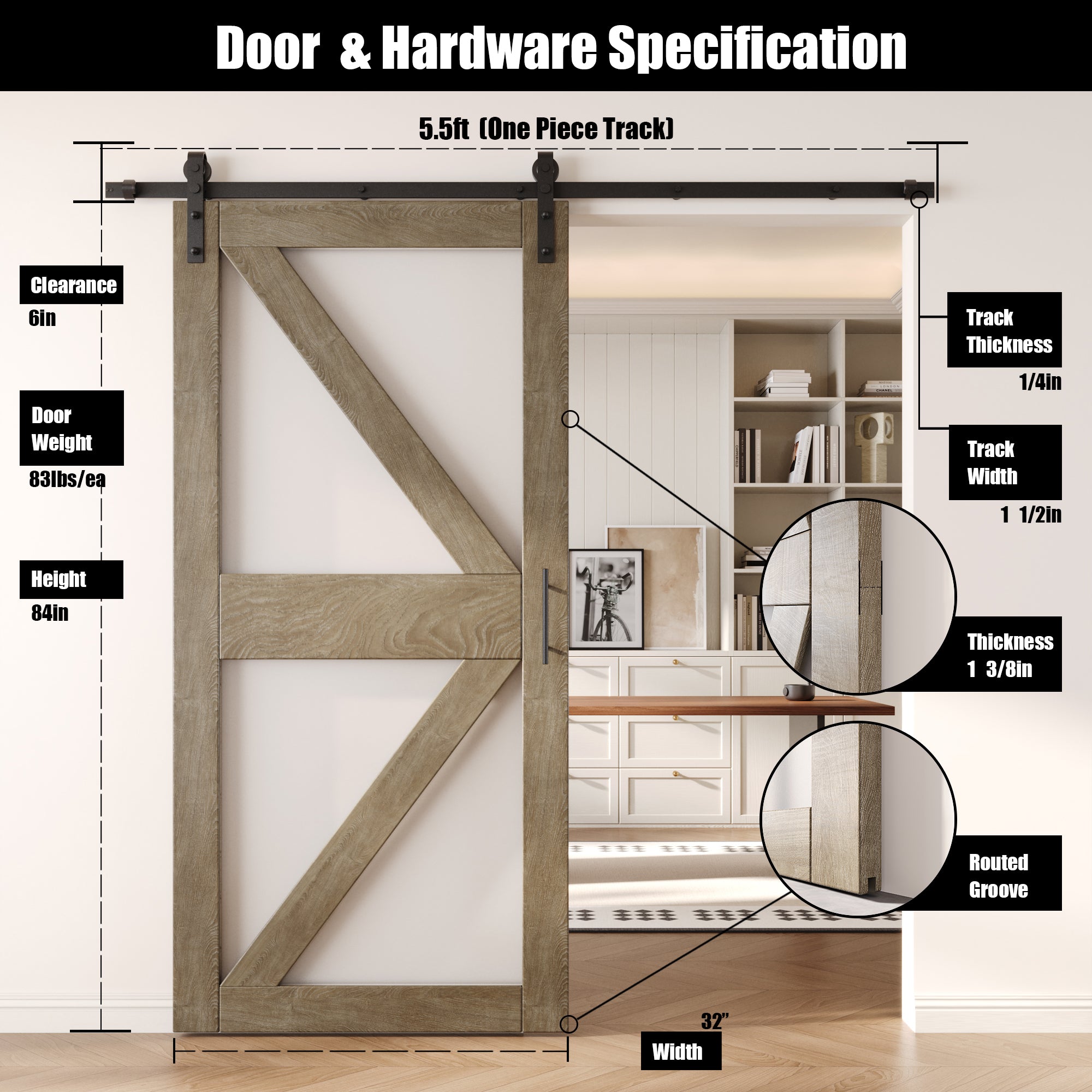 84" Height Classic Gray Arrow Pattern Glass Unassembled & Finished Pine Wood Barn Door with Non-Bypass Installation Hardware Kit (Interior Use Only)