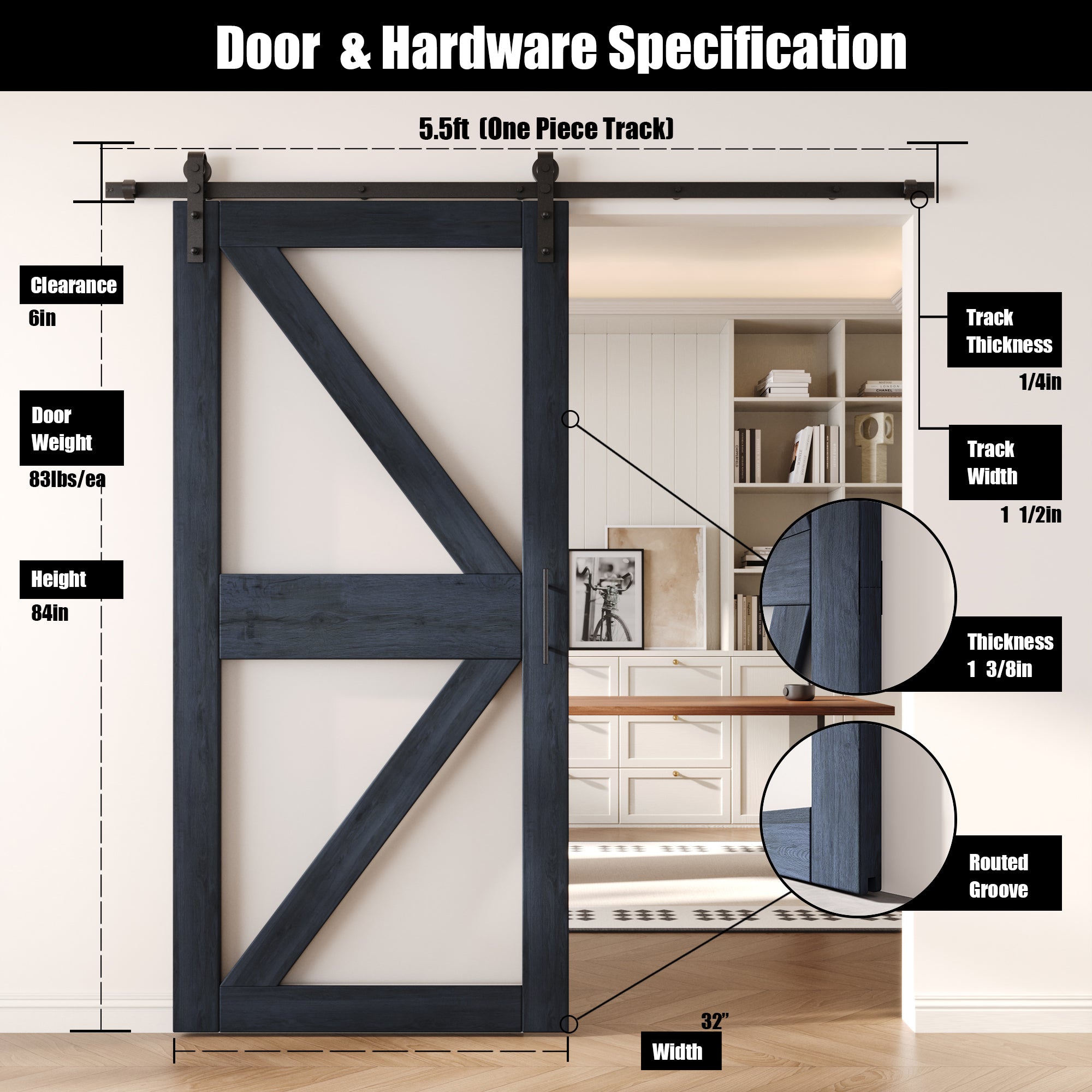 84" Height Navy Arrow Pattern Glass Unassembled & Finished Pine Wood Barn Door with Non-Bypass Installation Hardware Kit (Interior Use Only)