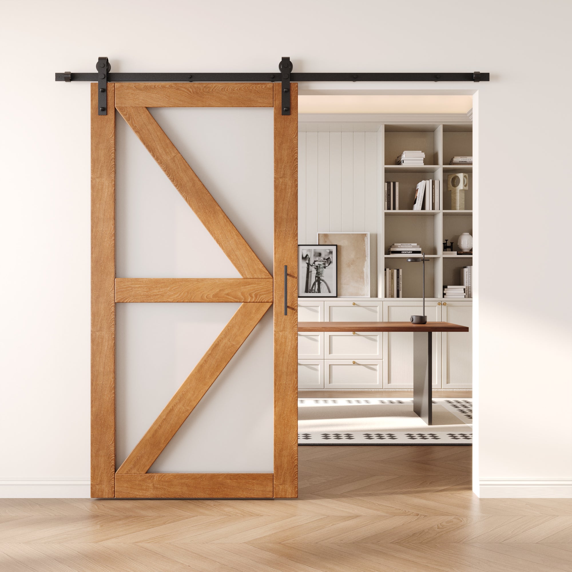 80" Height Early American Frosted Glass Arrow Design Unassembled & Finished Pine Wood Barn Door with Non-Bypass Installation Hardware Kit (Interior Use Only)