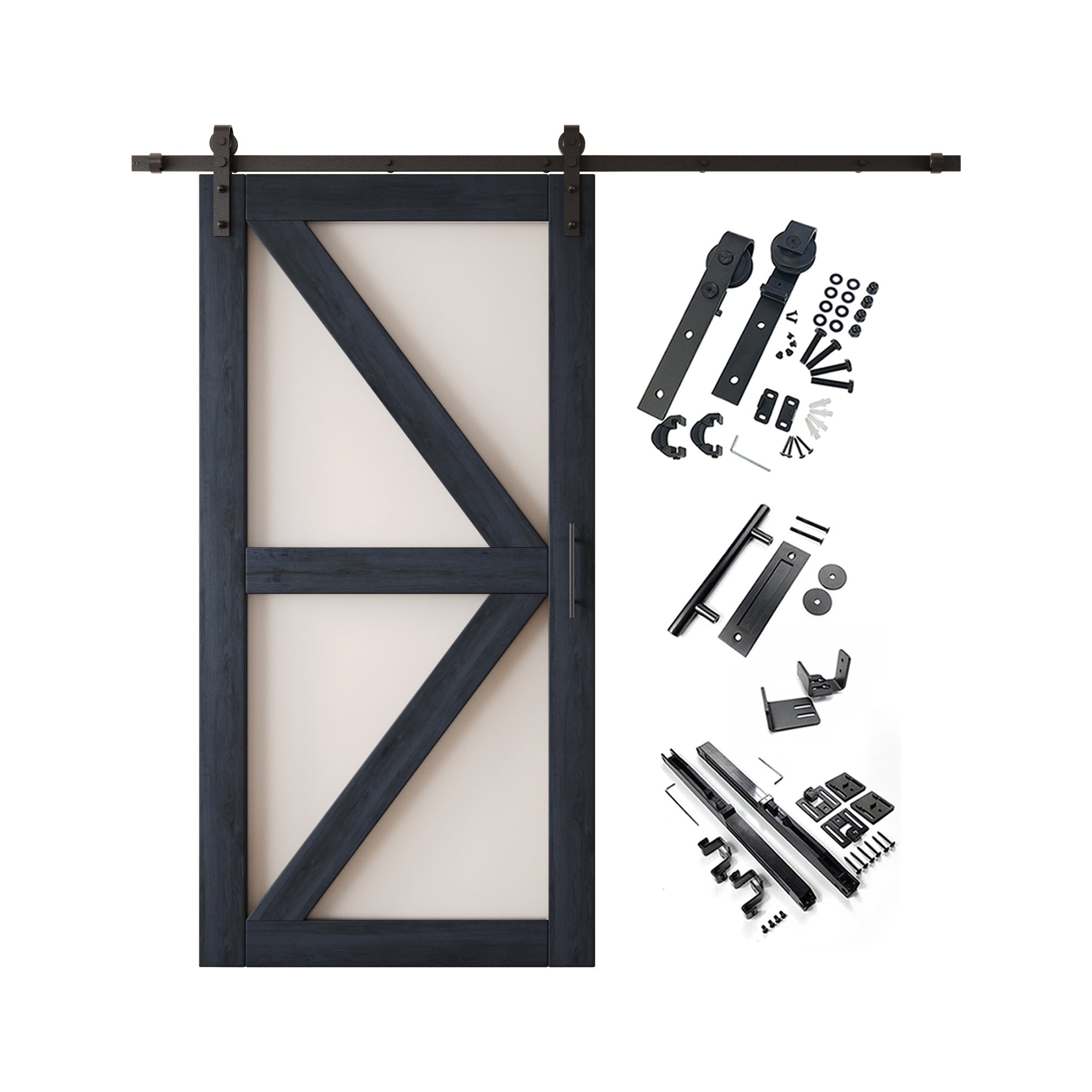 80" Height Navy Frosted Glass Arrow Design Unassembled & Finished Pine Wood Barn Door with Non-Bypass Installation Hardware Kit (Interior Use Only)