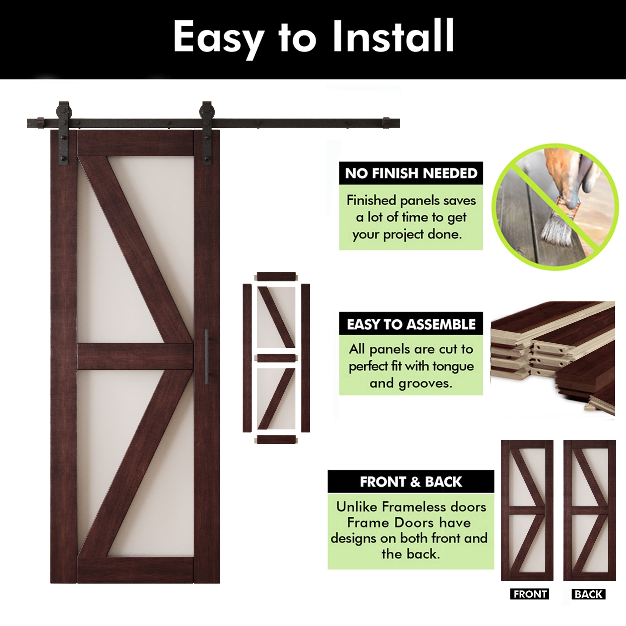 80" Height Red Mahogany Arrow Pattern Glass Design Unassembled & Finished Pine Wood Barn Door with Non-Bypass Installation Hardware Kit (Interior Use Only)