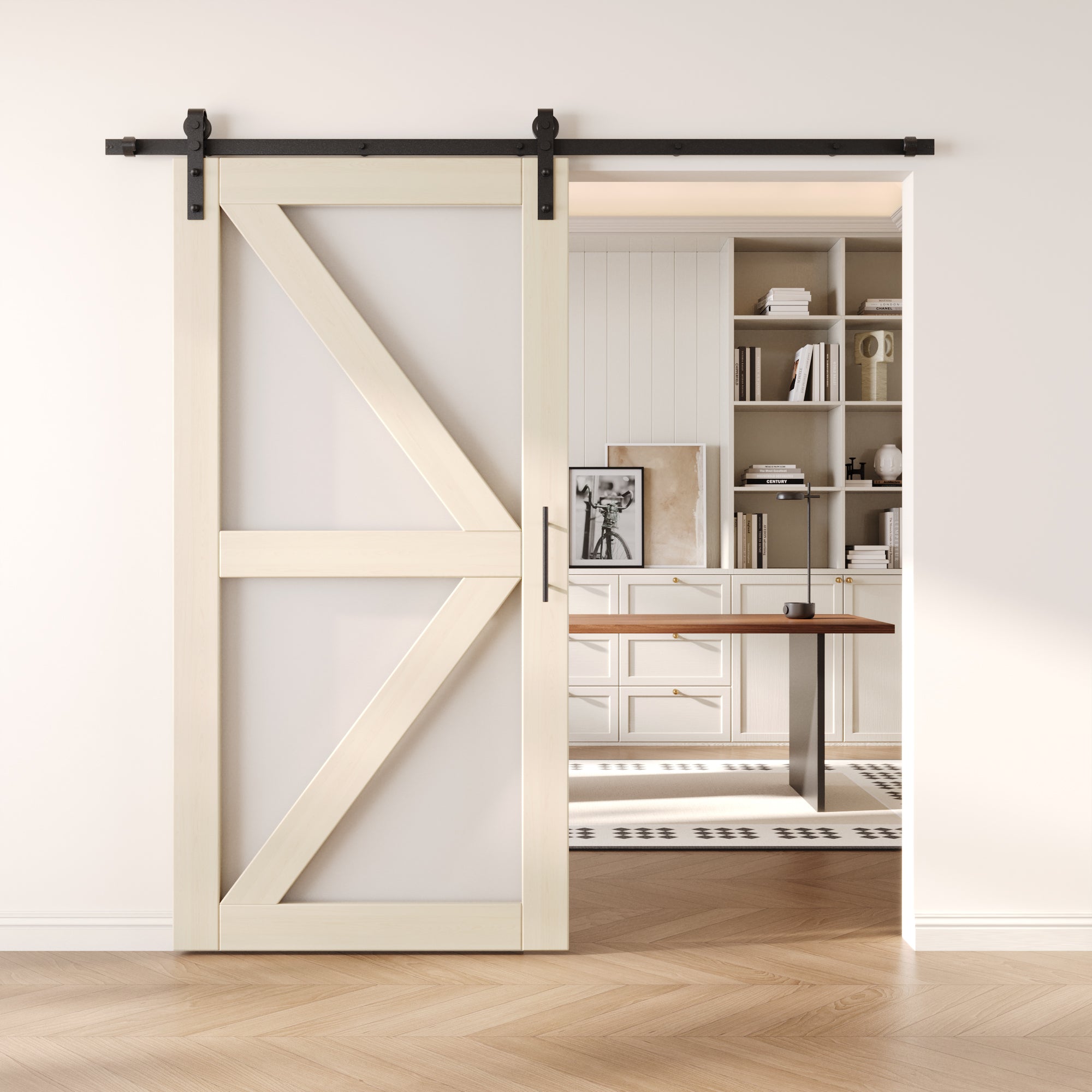 80" Height Tinsmith Gray Frosted Glass Arrow Design Unassembled & Finished Pine Wood Barn Door with Non-Bypass Installation Hardware Kit (Interior Use Only)