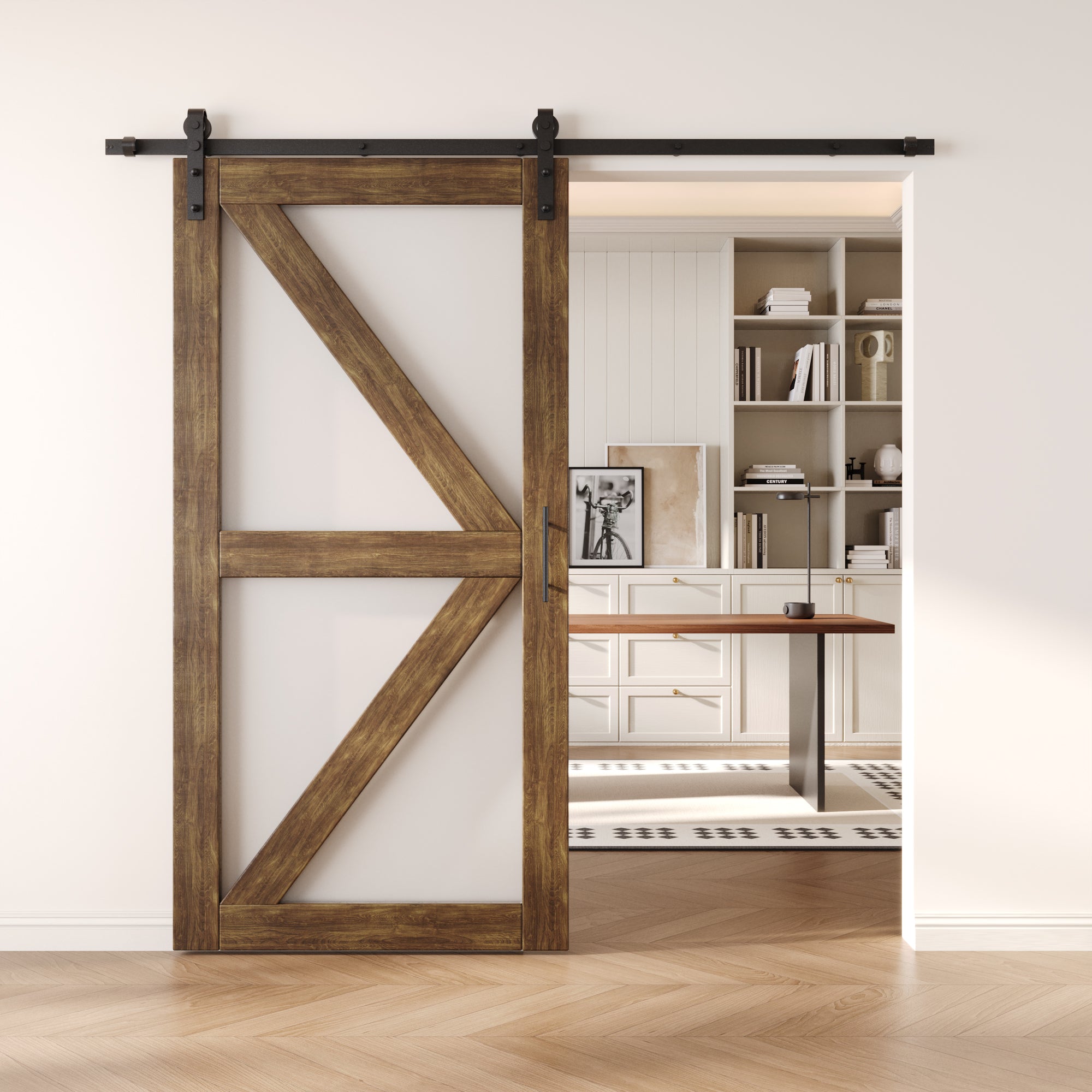 80" Height Dark Walnut Frosted Glass Arrow Design Unassembled & Finished Pine Wood Barn Door with Non-Bypass Installation Hardware Kit (Interior Use Only)