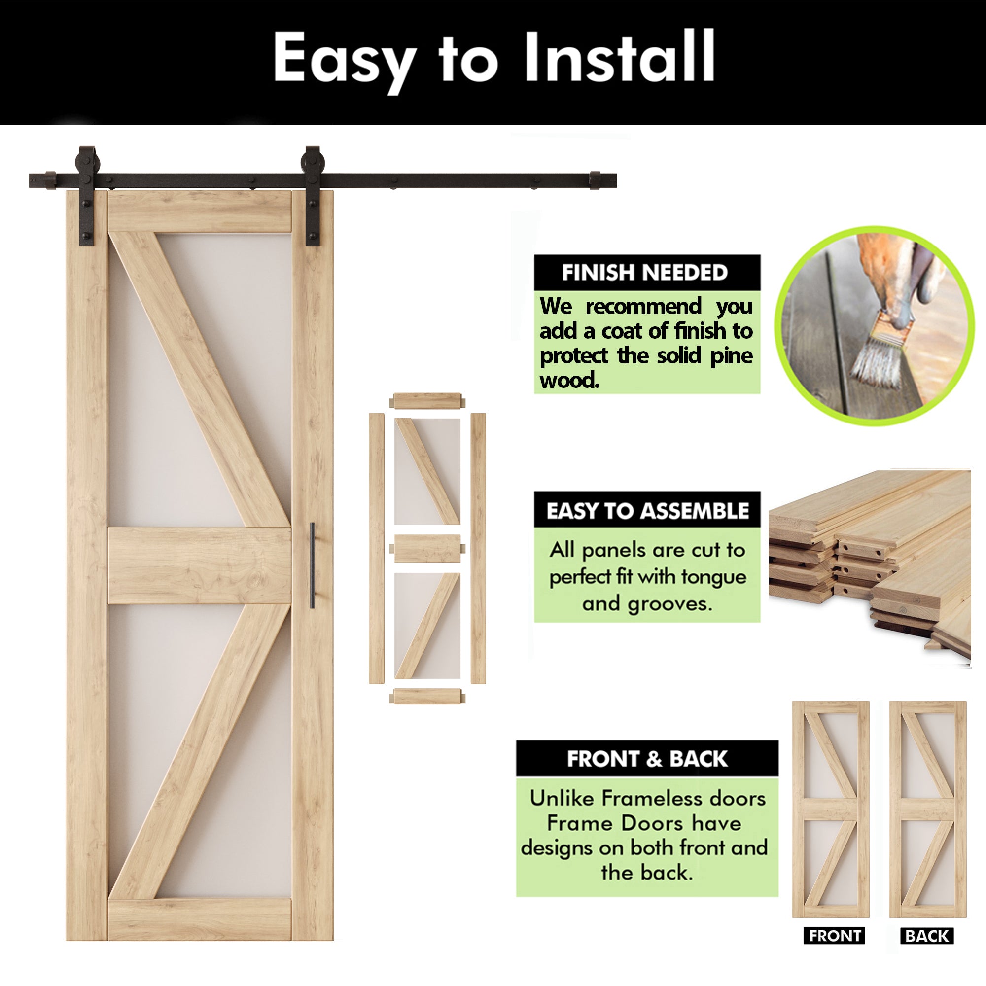 84" Height Arrow Pattern Glass Unassembled & Unfinished Pine Wood Barn Door with Non-Bypass Installation Hardware Kit (Interior Use Only)