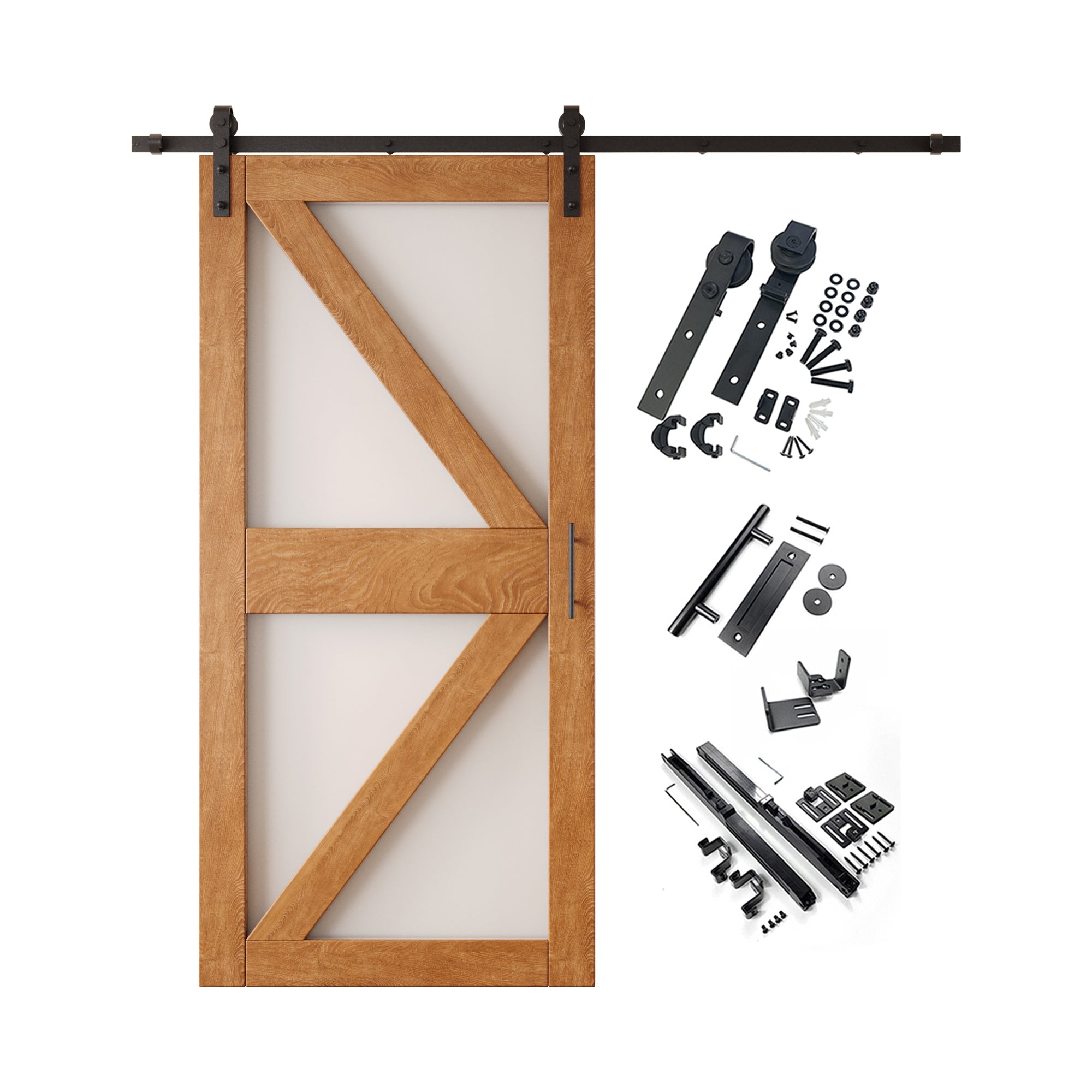 84" Height Early American Frosted Glass Arrow Design Unassembled & Finished Pine Wood Barn Door with Non-Bypass Installation Hardware Kit (Interior Use Only)