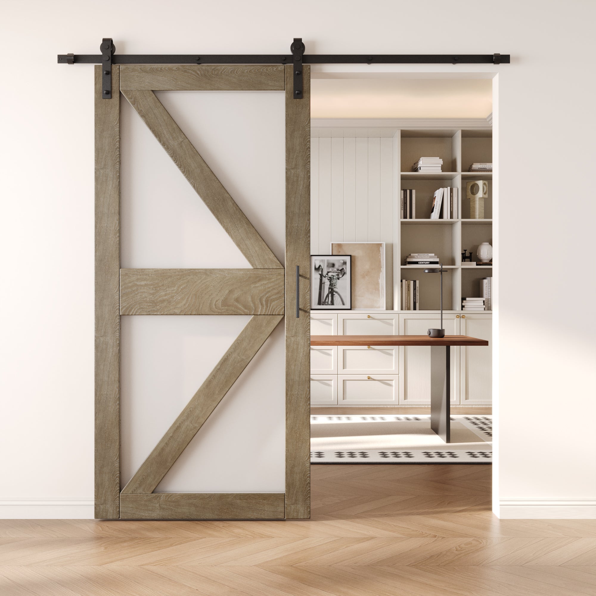 84" Height Classic Gray Frosted Glass Arrow Design Unassembled & Finished Pine Wood Barn Door with Non-Bypass Installation Hardware Kit (Interior Use Only)