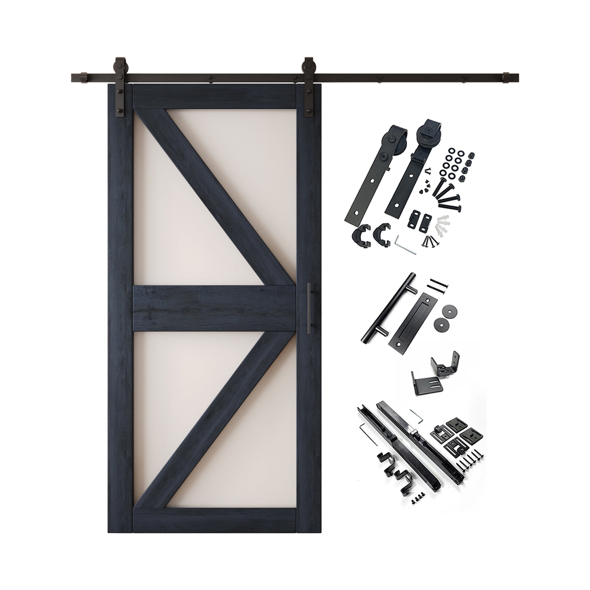 84" Height Navy Frosted Glass Arrow Design Unassembled & Finished Pine Wood Barn Door with Non-Bypass Installation Hardware Kit (Interior Use Only)