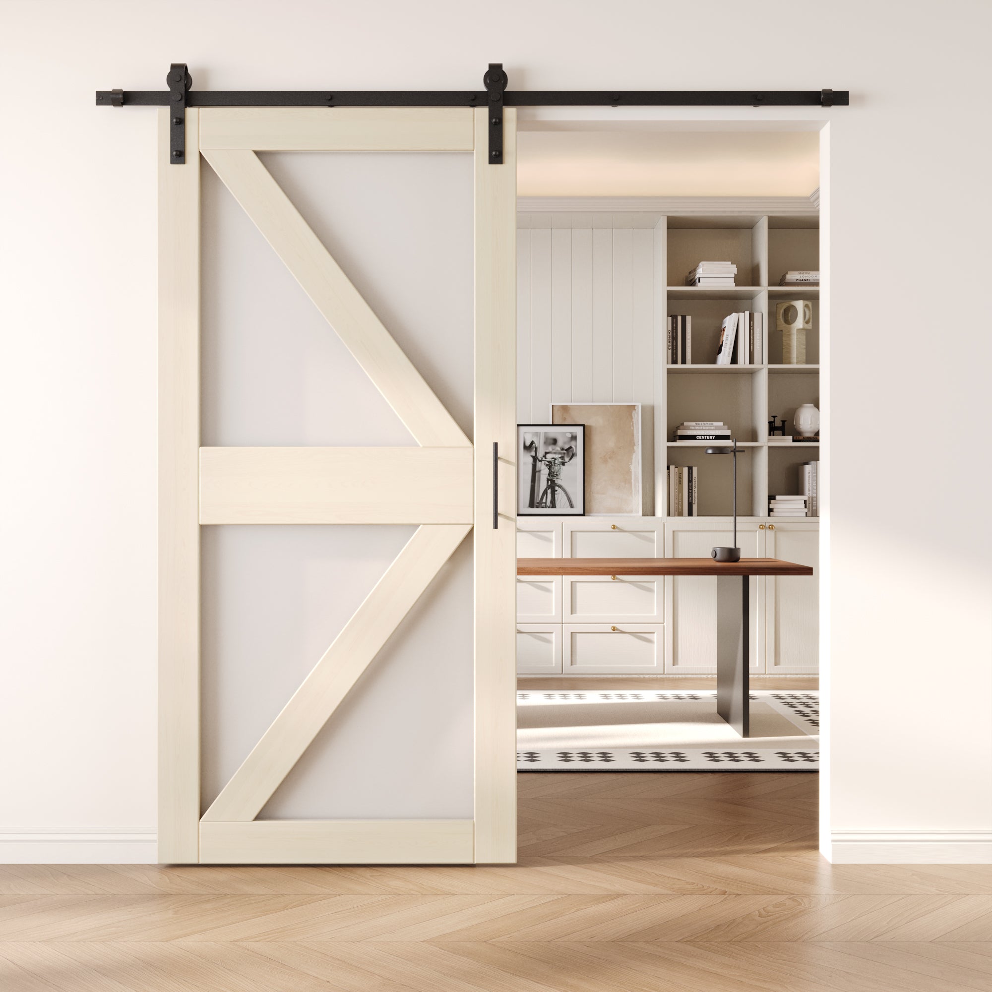 84" Height Tinsmith Gray Frosted Glass Arrow Design Unassembled & Finished Pine Wood Barn Door with Non-Bypass Installation Hardware Kit (Interior Use Only)