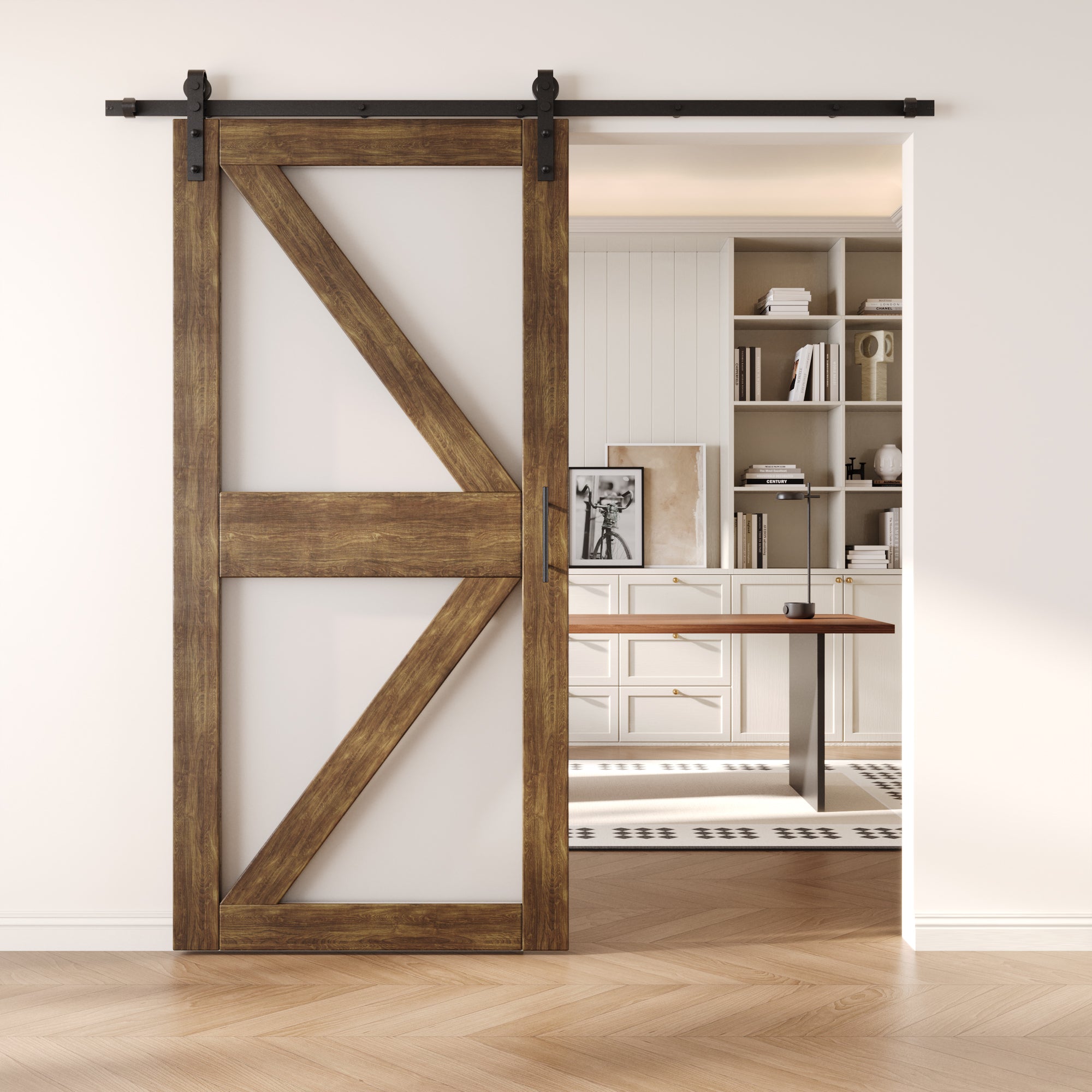 84" Height Dark Walnut Frosted Glass Arrow Design Unassembled & Finished Pine Wood Barn Door with Non-Bypass Installation Hardware Kit (Interior Use Only)