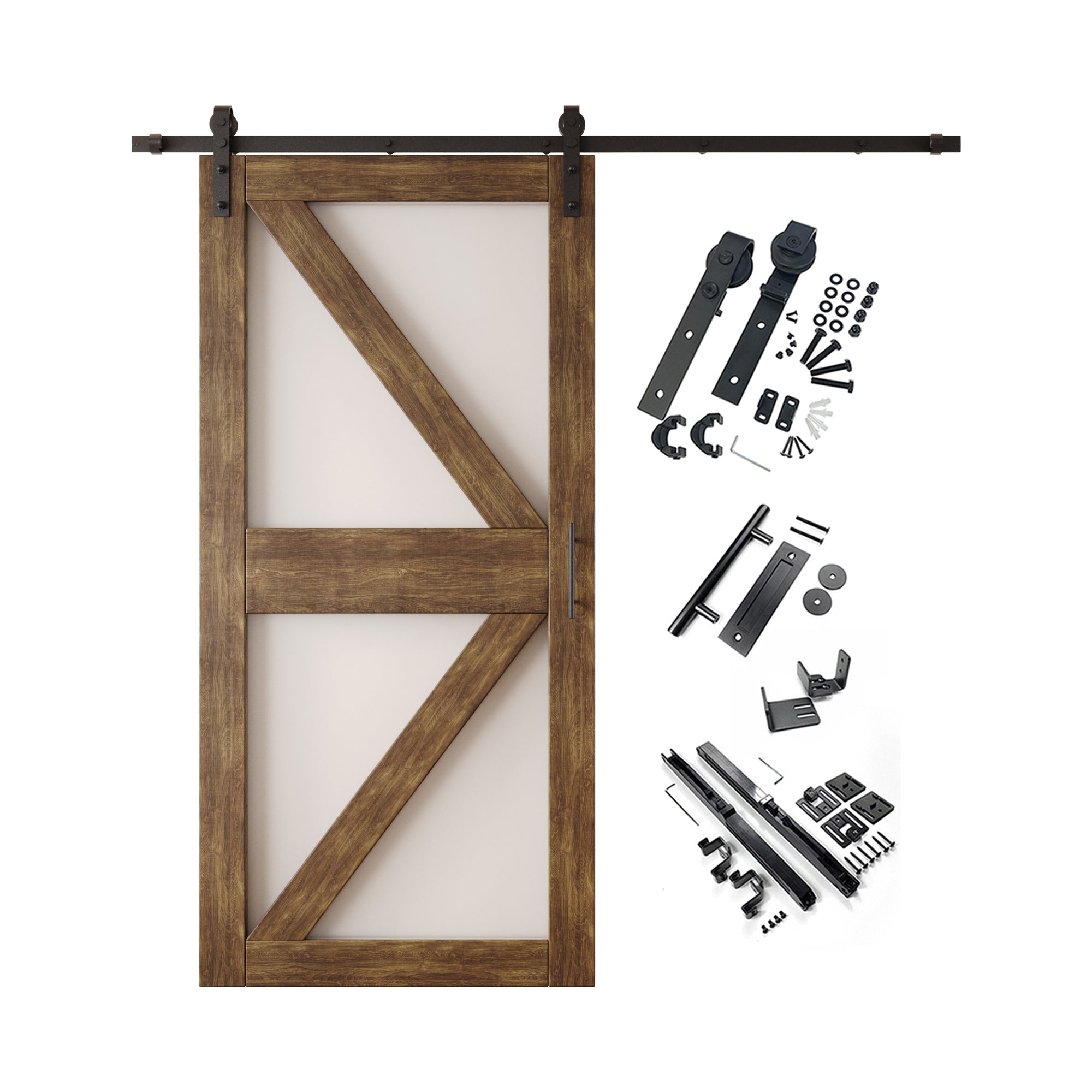 84" Height Dark Walnut Frosted Glass Arrow Design Unassembled & Finished Pine Wood Barn Door with Non-Bypass Installation Hardware Kit (Interior Use Only)