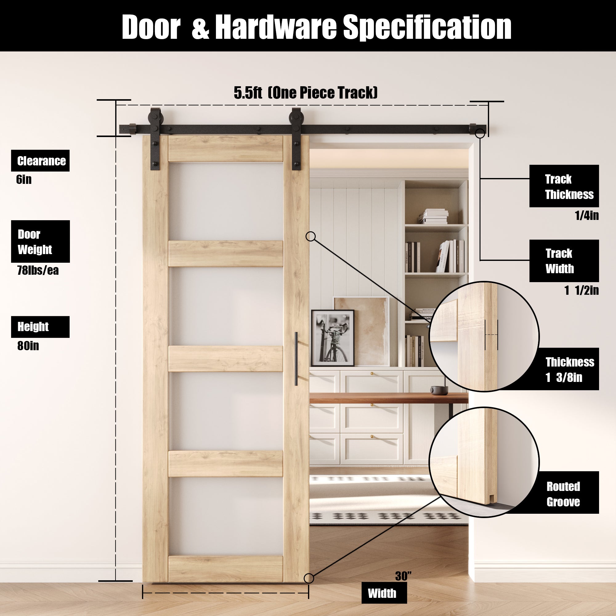 80" Height 4-Lite Frosted Glass Unassembled & Unfinished Pine Wood Barn Door with Non-Bypass Installation Hardware Kit (Interior Use Only)